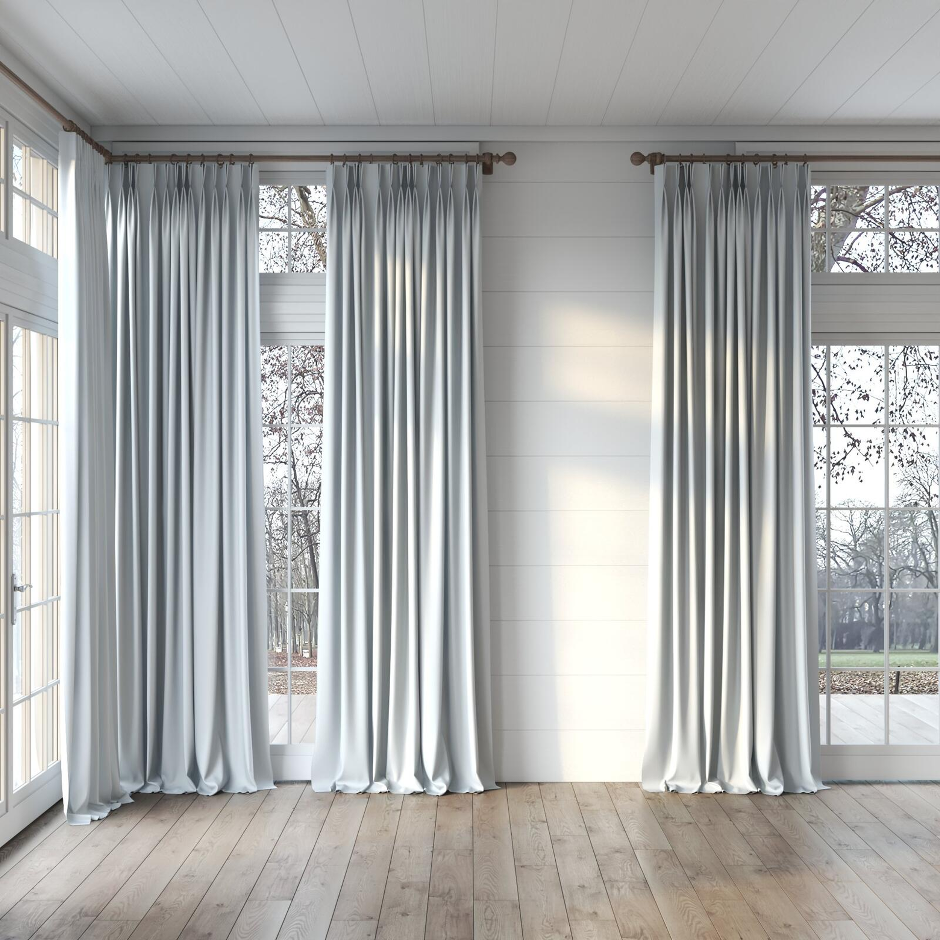 Full view of Blockbuster Silver, puddled, on curtain rod