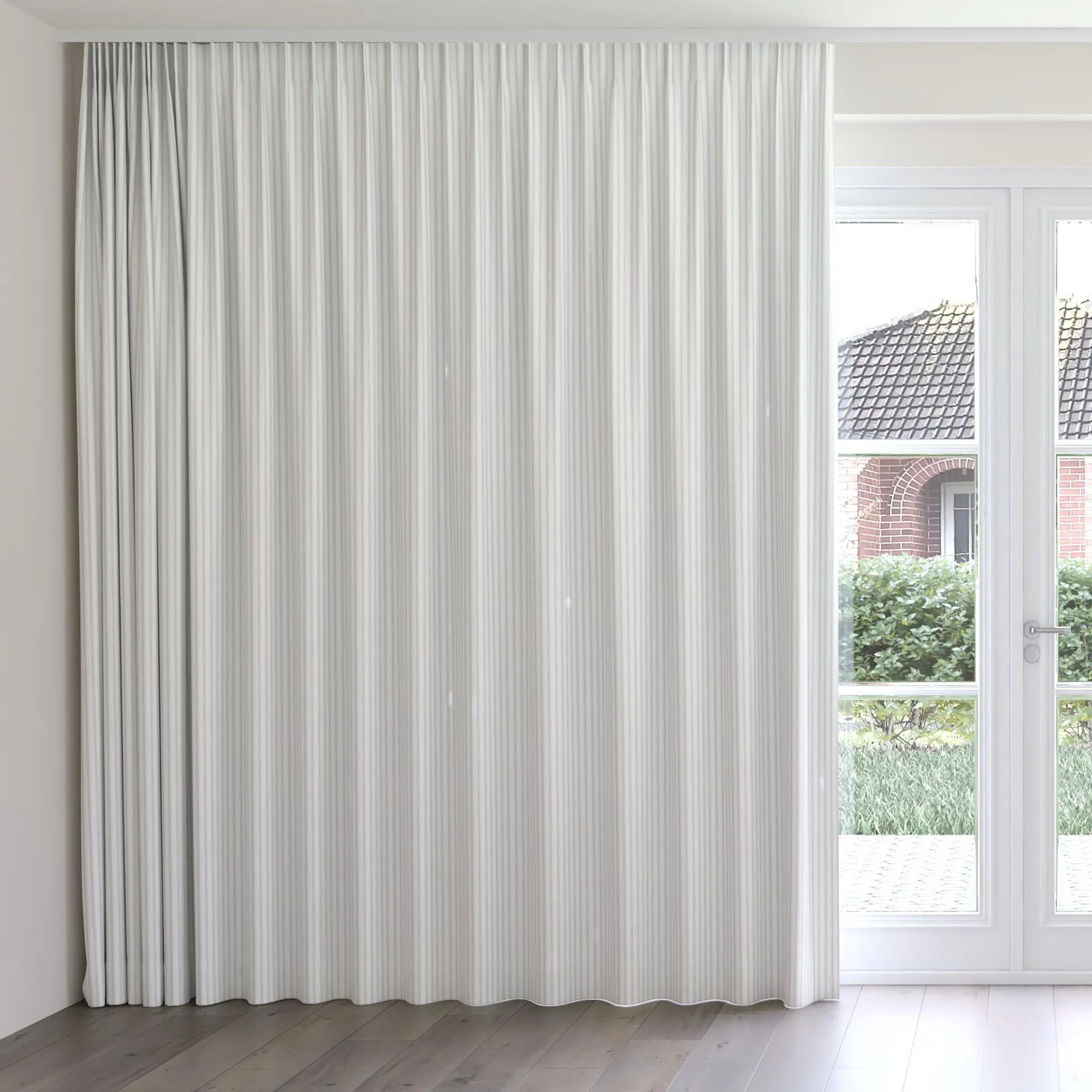 Front view of Chambray Ticking Thistle, on curtain rail