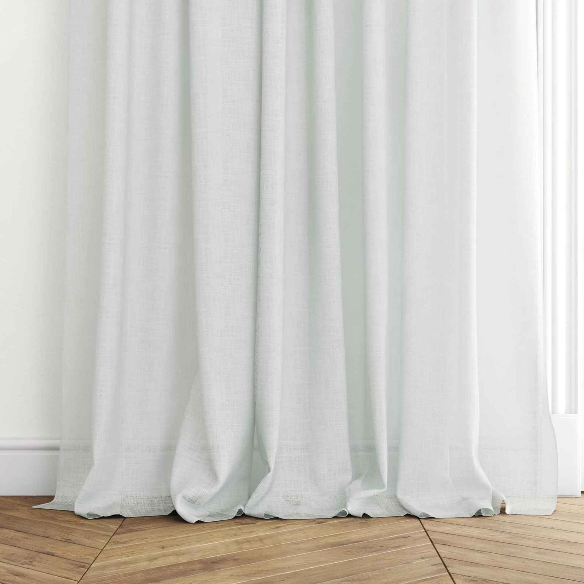 Bottom view of Verdant Cream, puddled with pinch pleat, on curtain rod