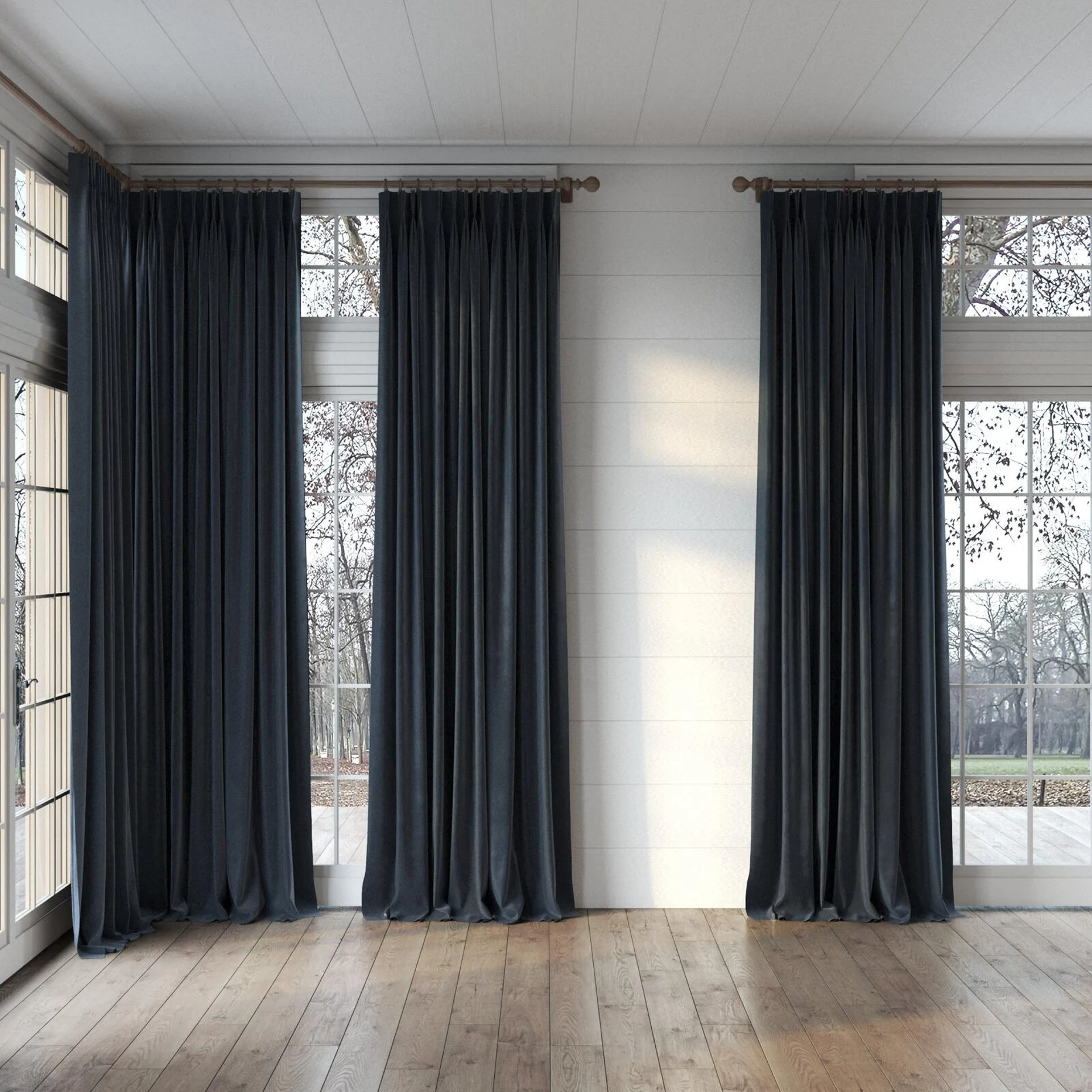 Full view of Velvelux Liquorice, puddled, on curtain rod