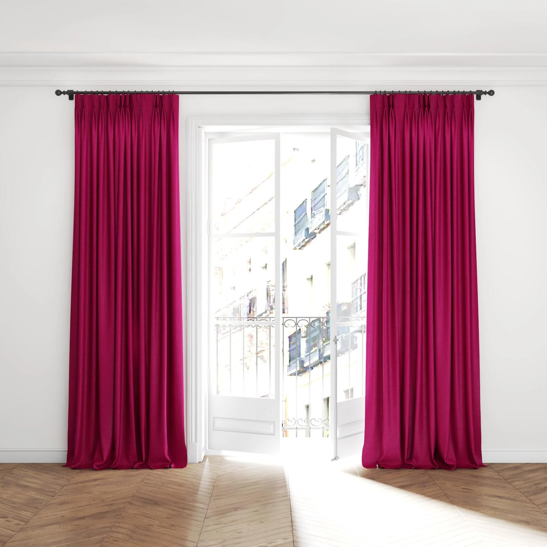 Full view of Drama Fuchsia, puddled with pinch pleat, on curtain rod