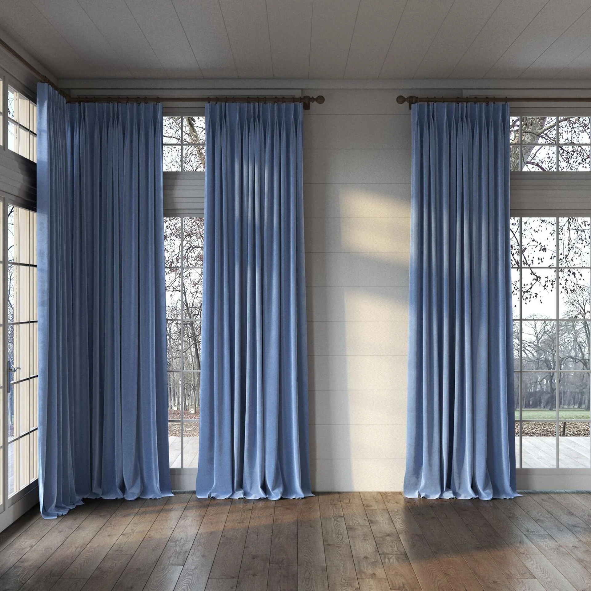 Full view of Verbier Ocean, puddled, on curtain rod