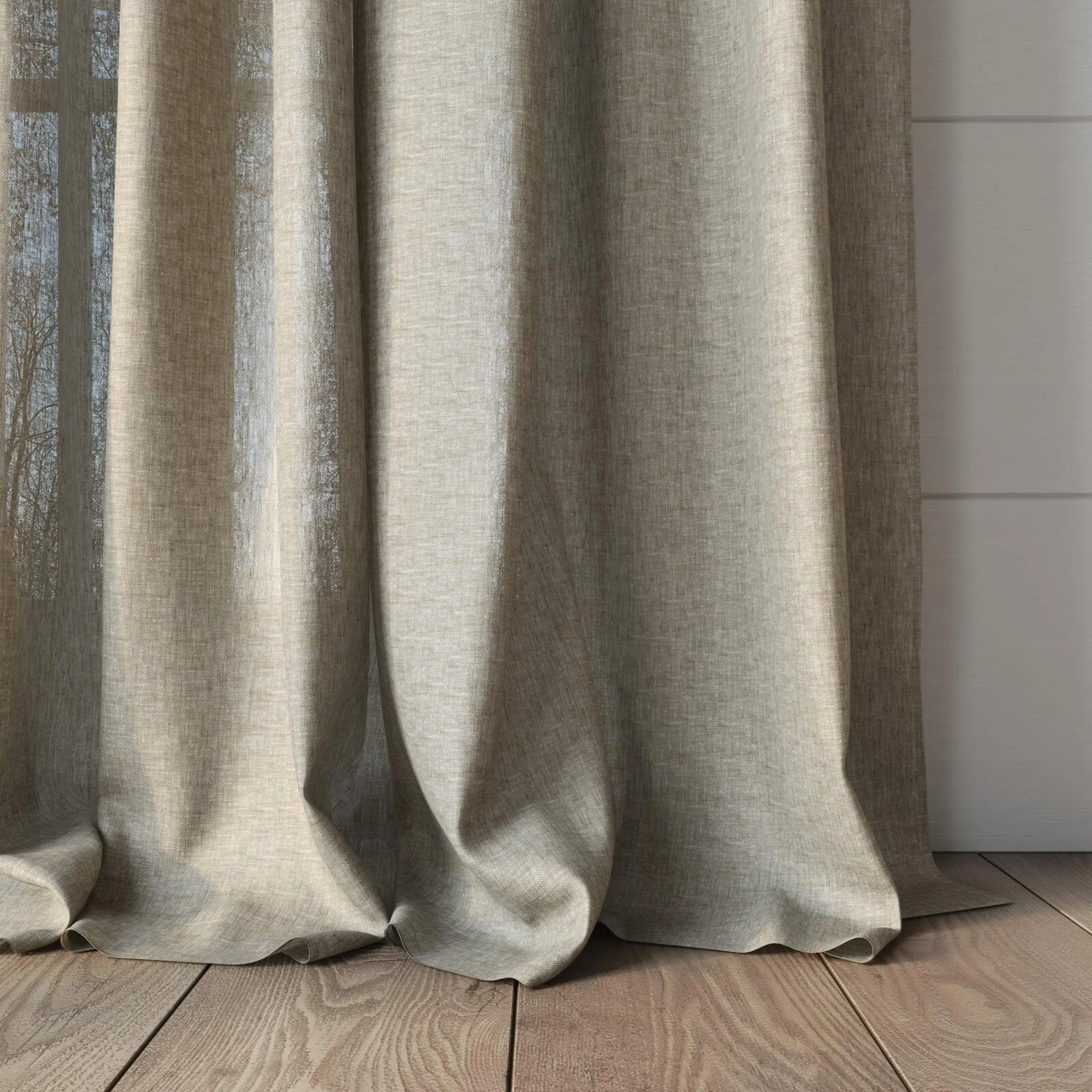 Bottom view of Elegance Dune, puddled, on curtain rod
