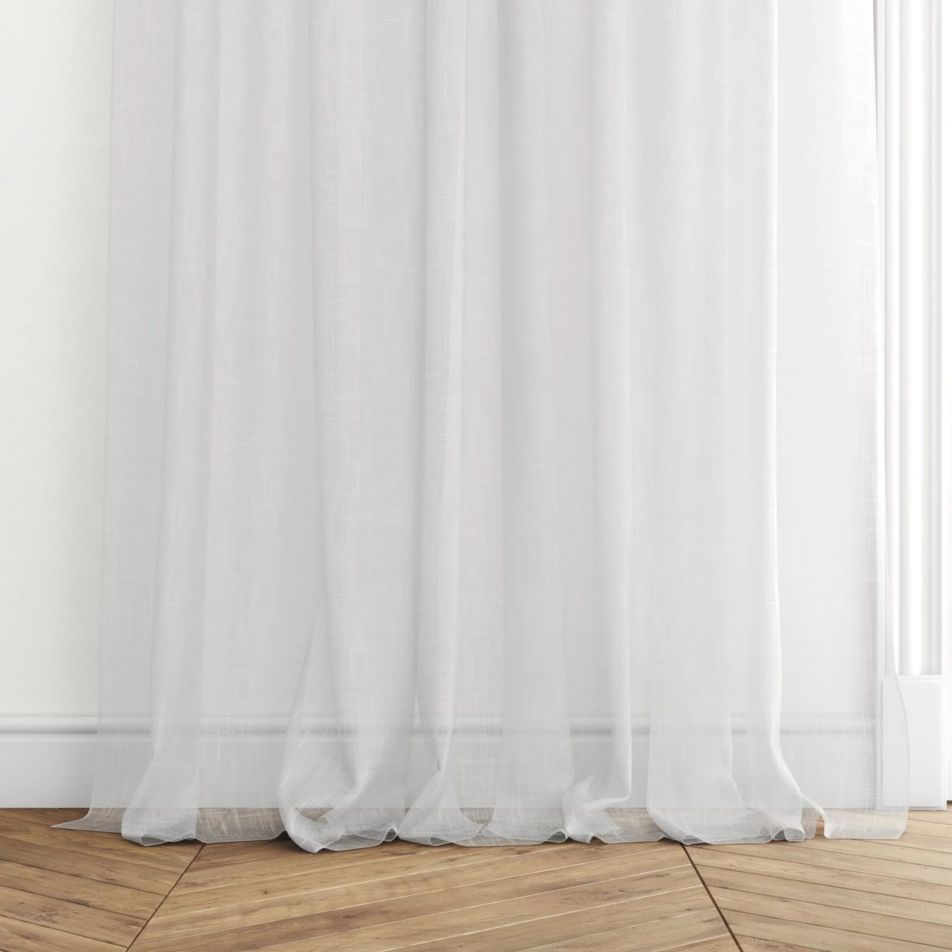 Bottom view of Attica Snow, puddled with pinch pleat, on curtain rod