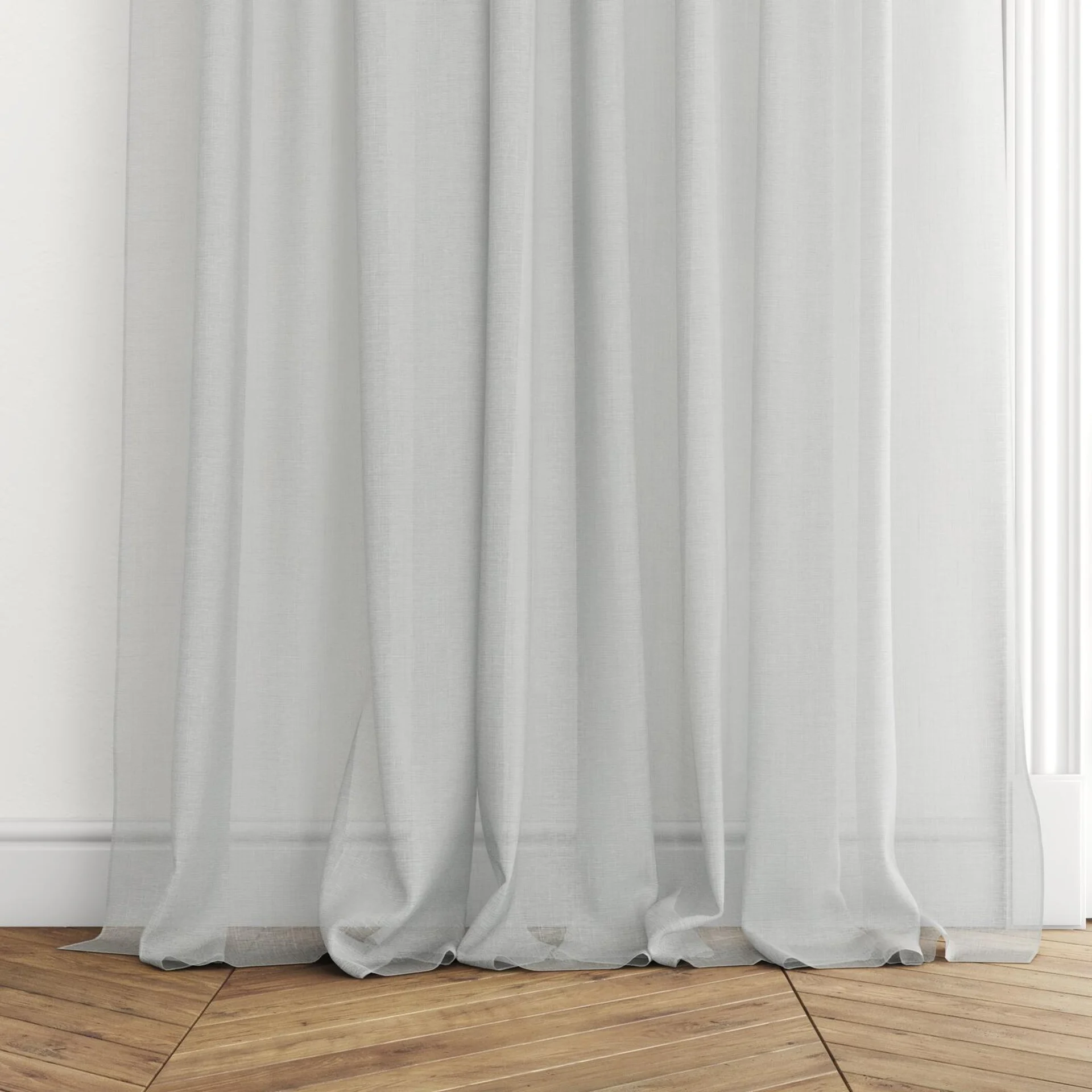 Bottom view of Antipodes Aqua, puddled with pinch pleat, on curtain rod