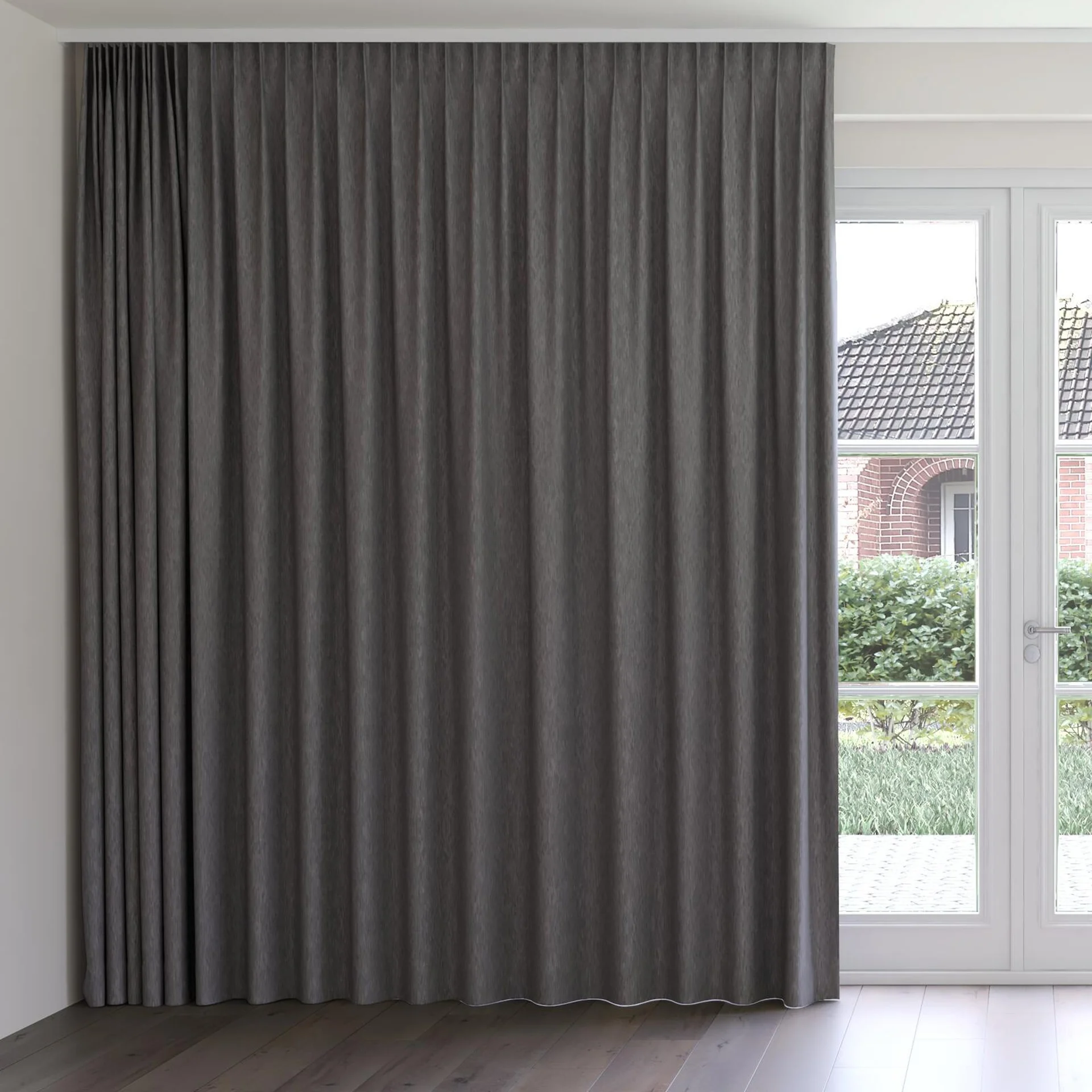 Front view of Tuxedo Shark, on curtain rail