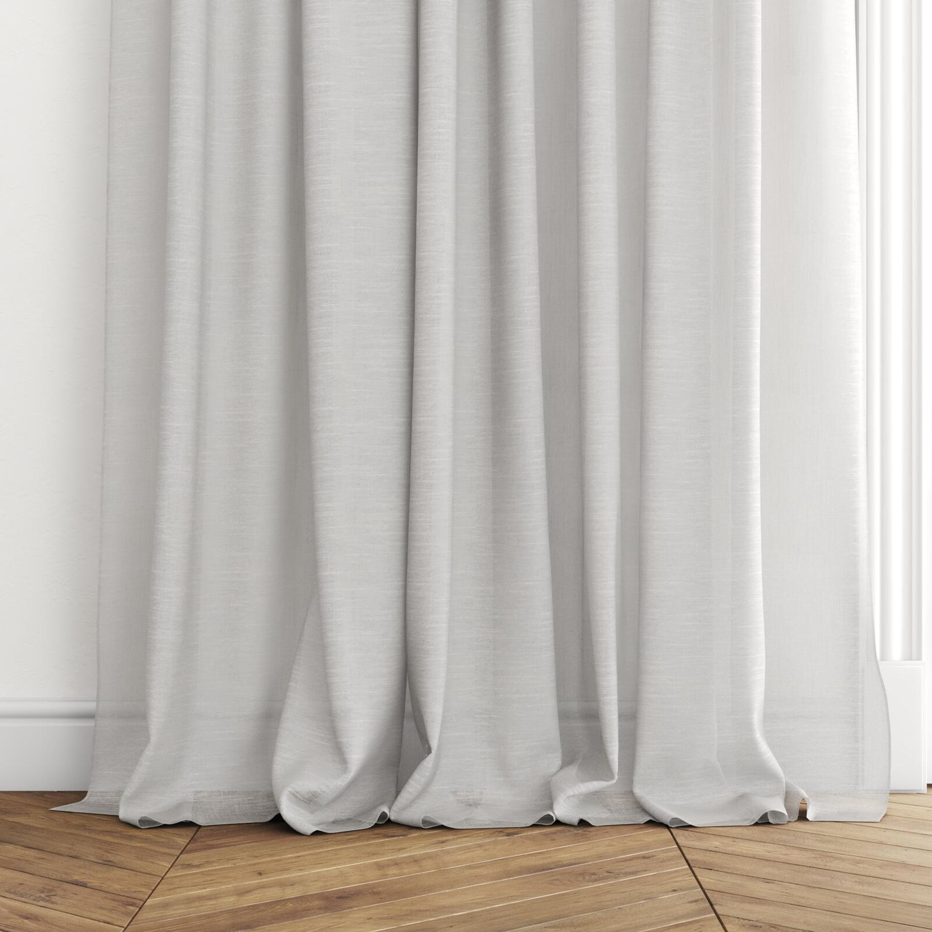 Bottom view of Angelic Silver, puddled with pinch pleat, on curtain rod