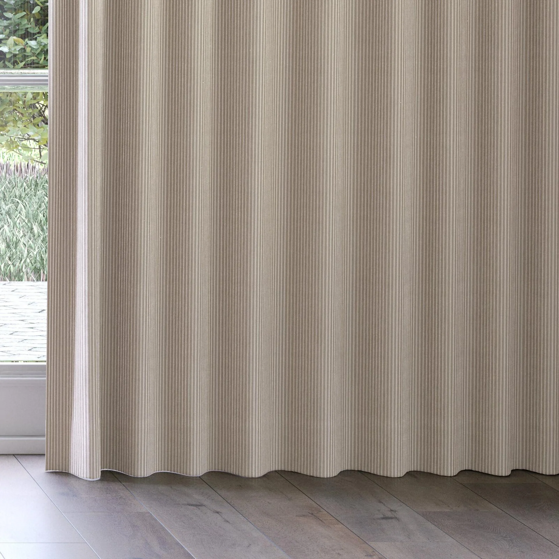 Bottom view of Embrace Taupe, on curtain rail