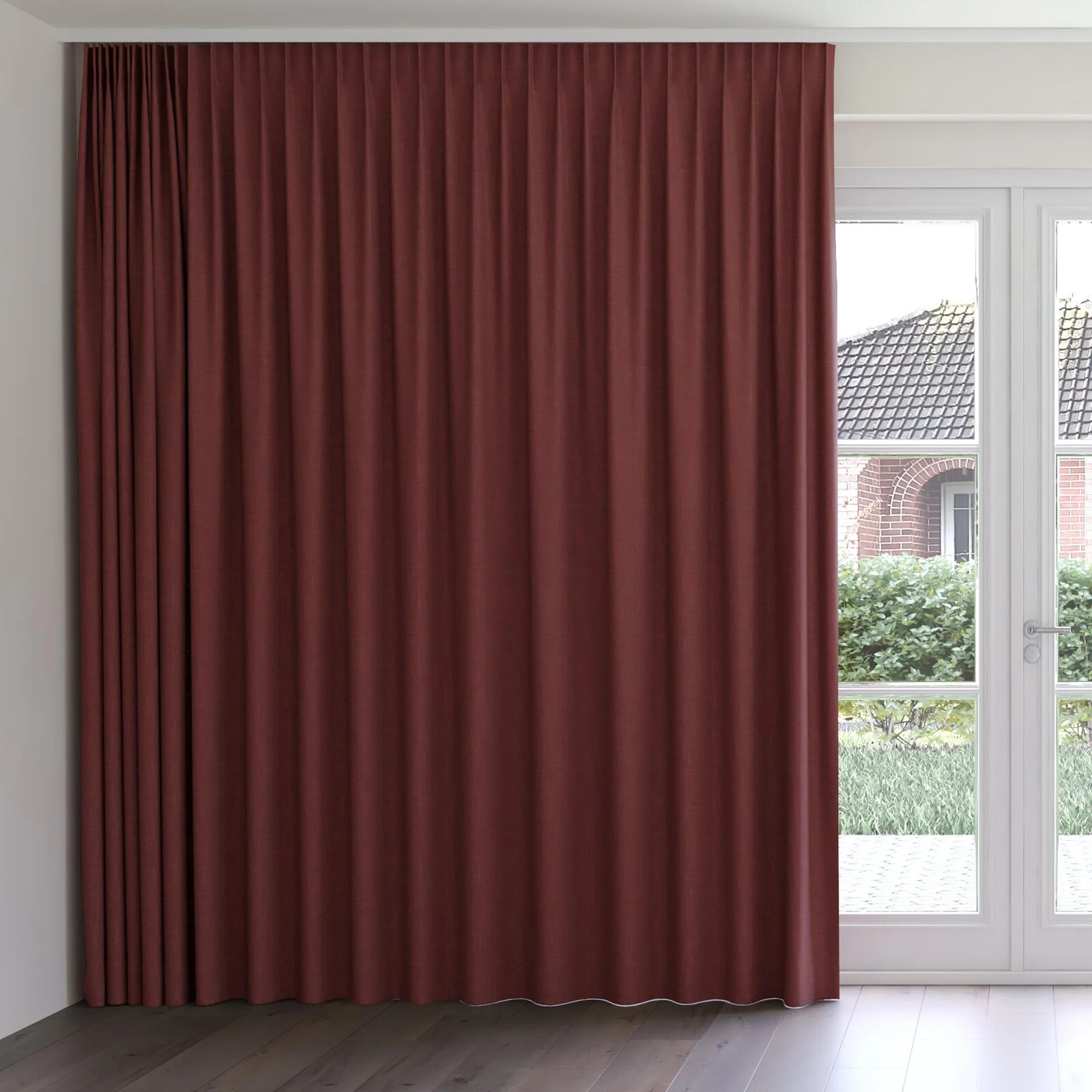 Front view of Cavalry Crimson, on curtain rail