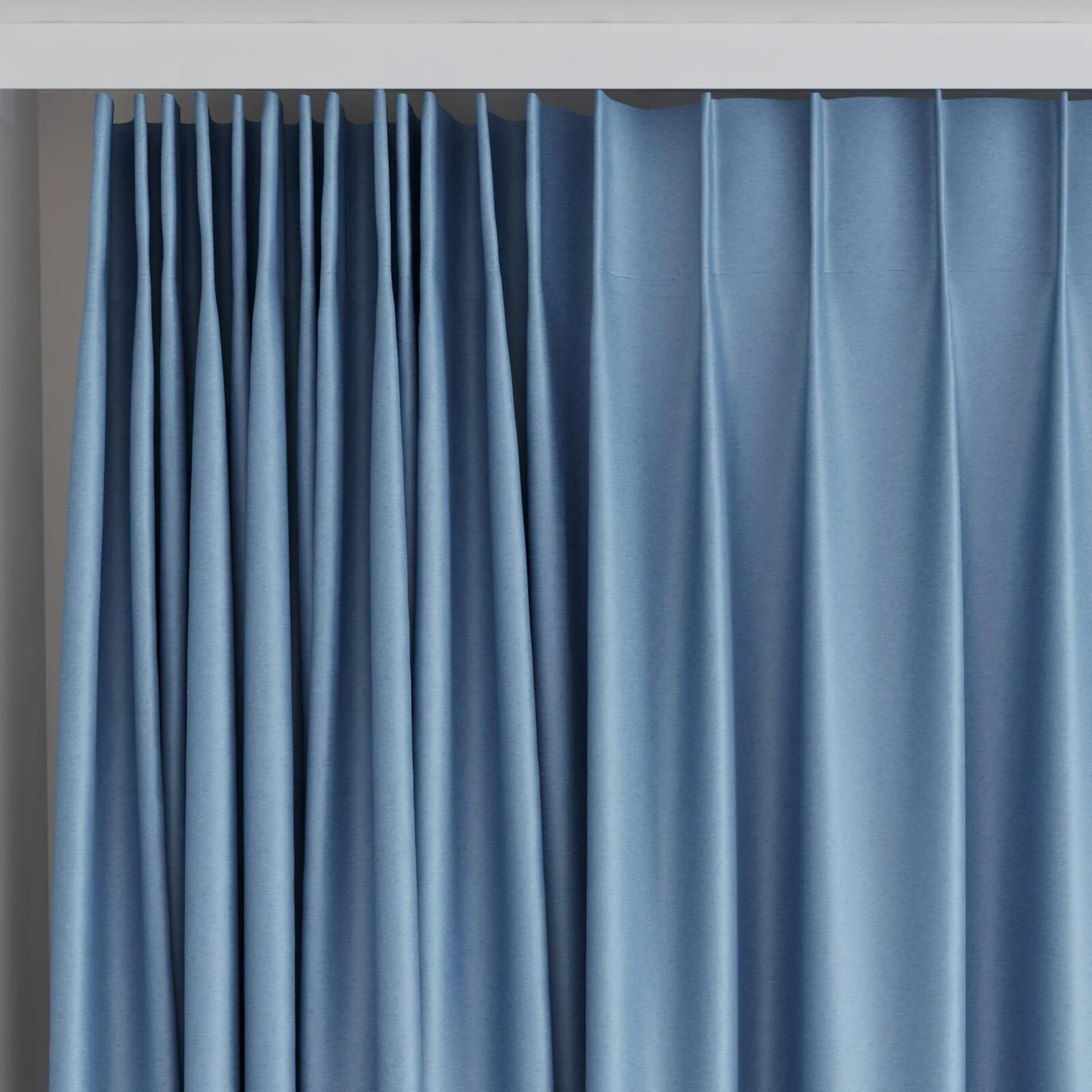 Top view of Stellar Blackout Denim, on curtain rail