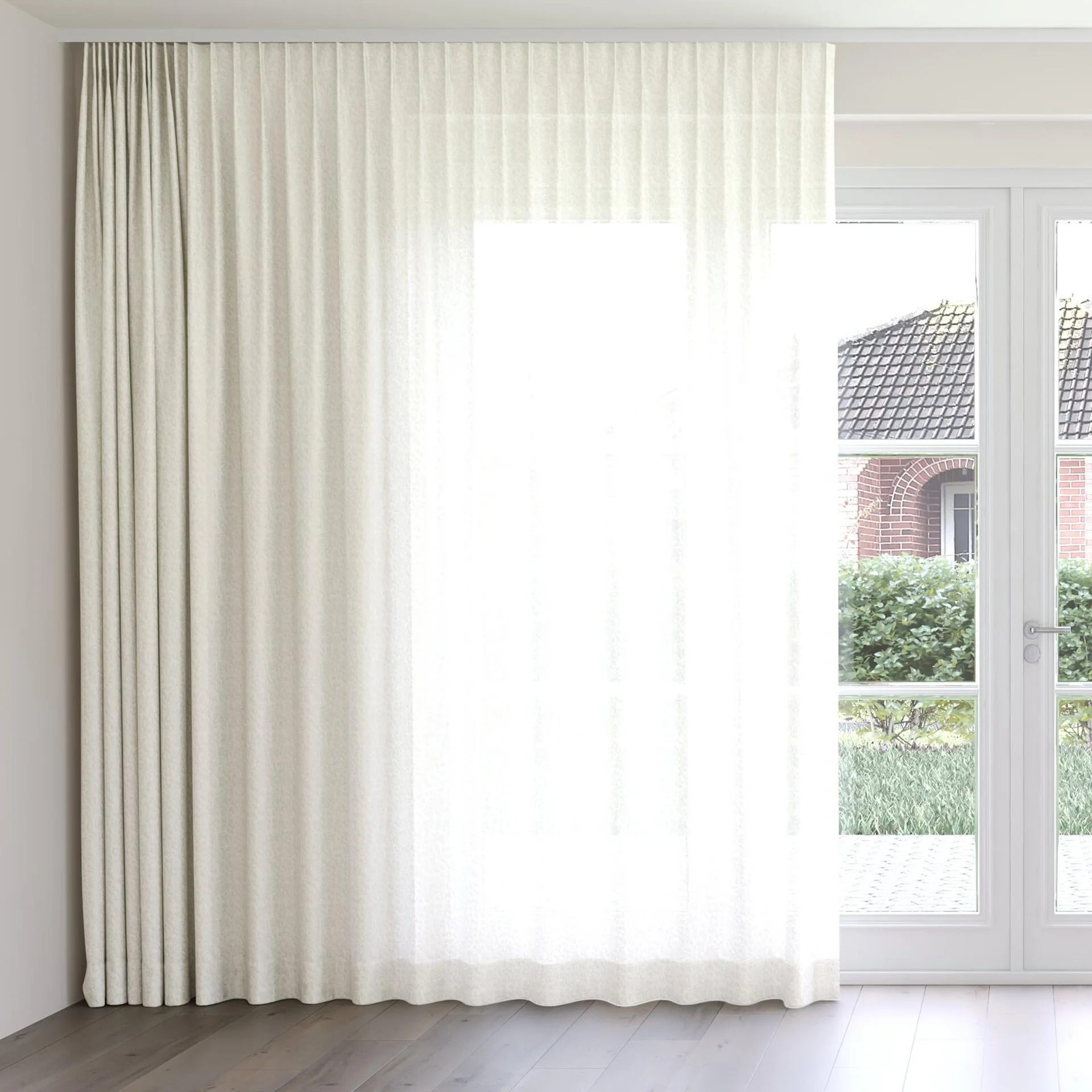 Front view of Metallique Alabaster, on curtain rail
