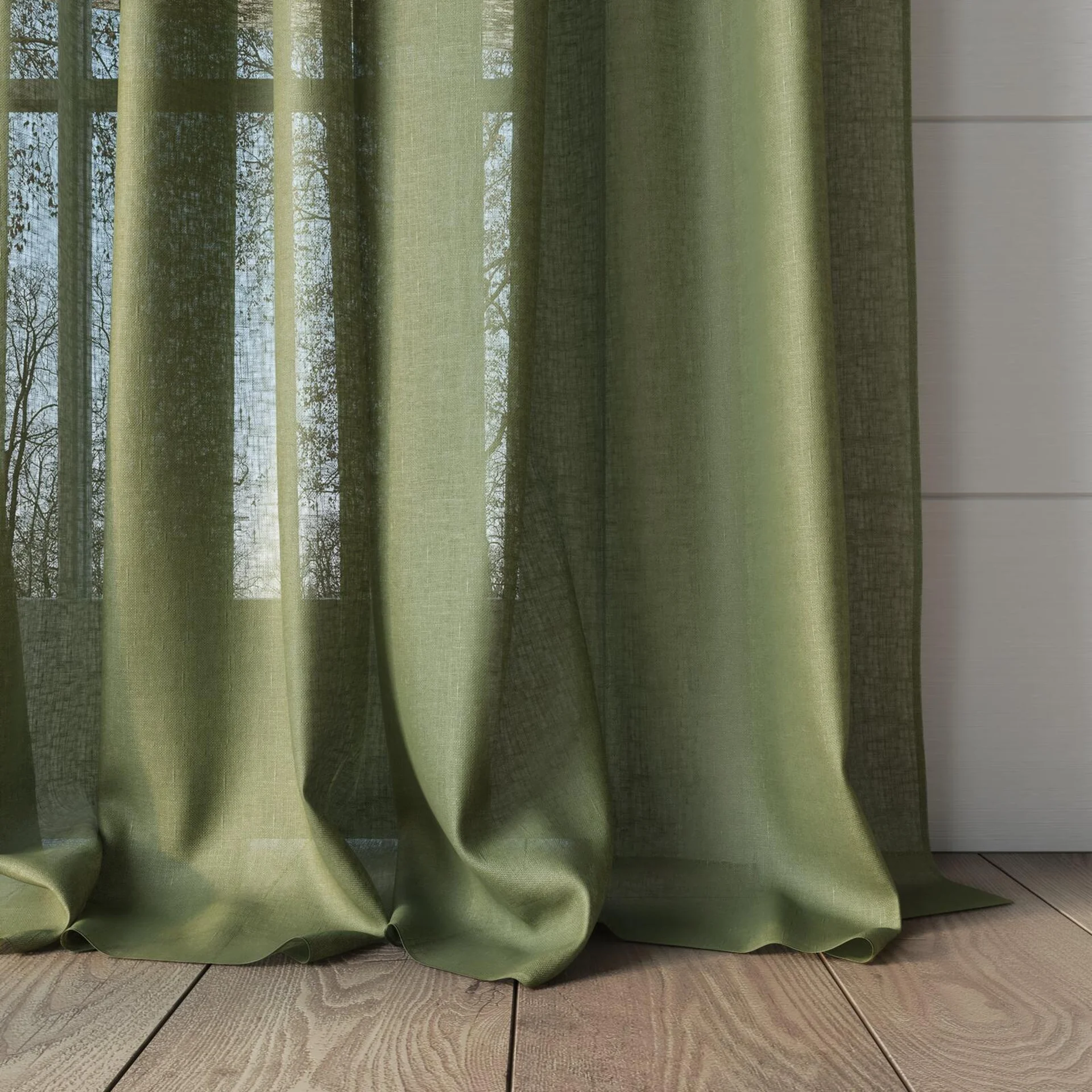 Bottom view of Kanso Stonewash Green Tea, puddled, on curtain rod