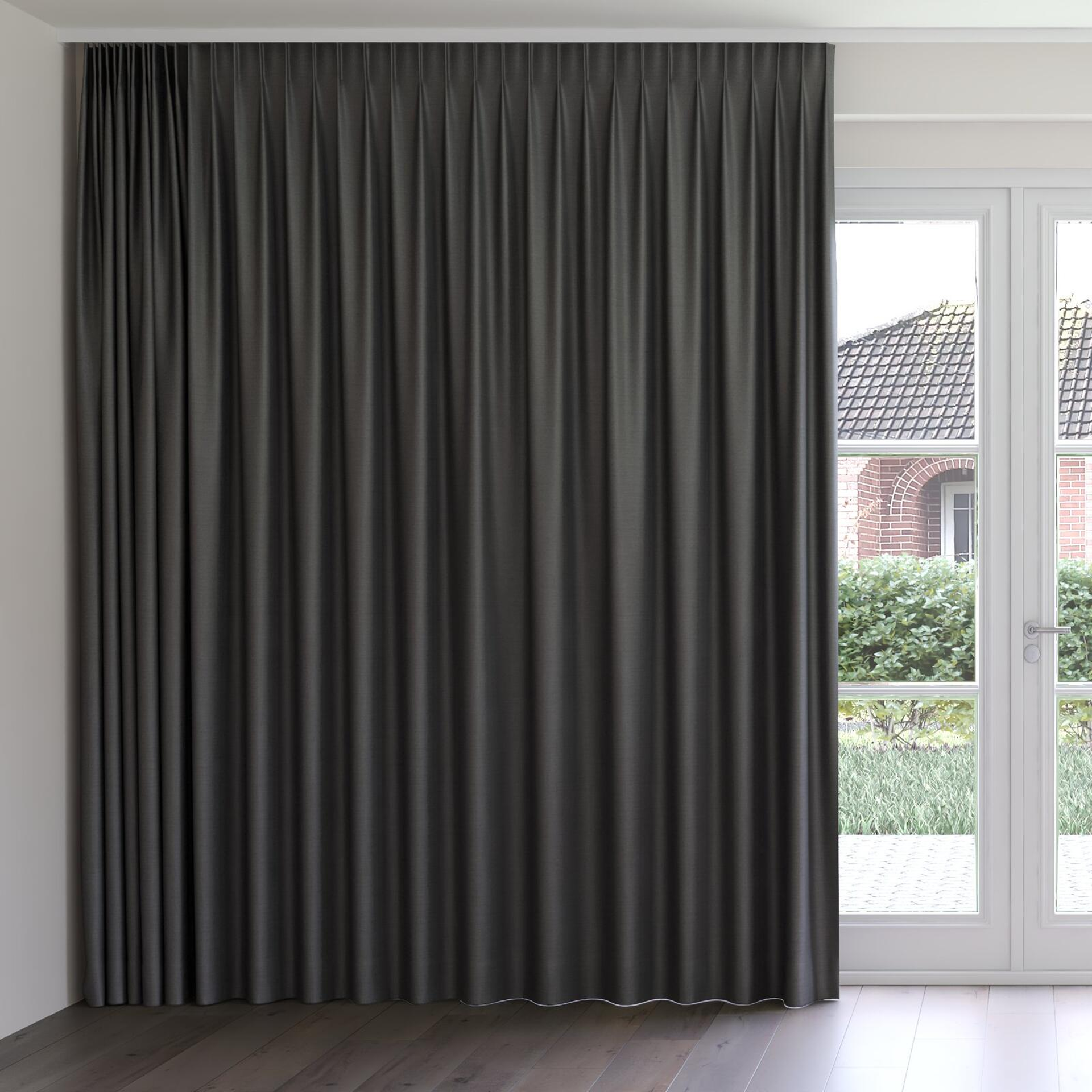 Front view of Linex Charcoal, on curtain rail