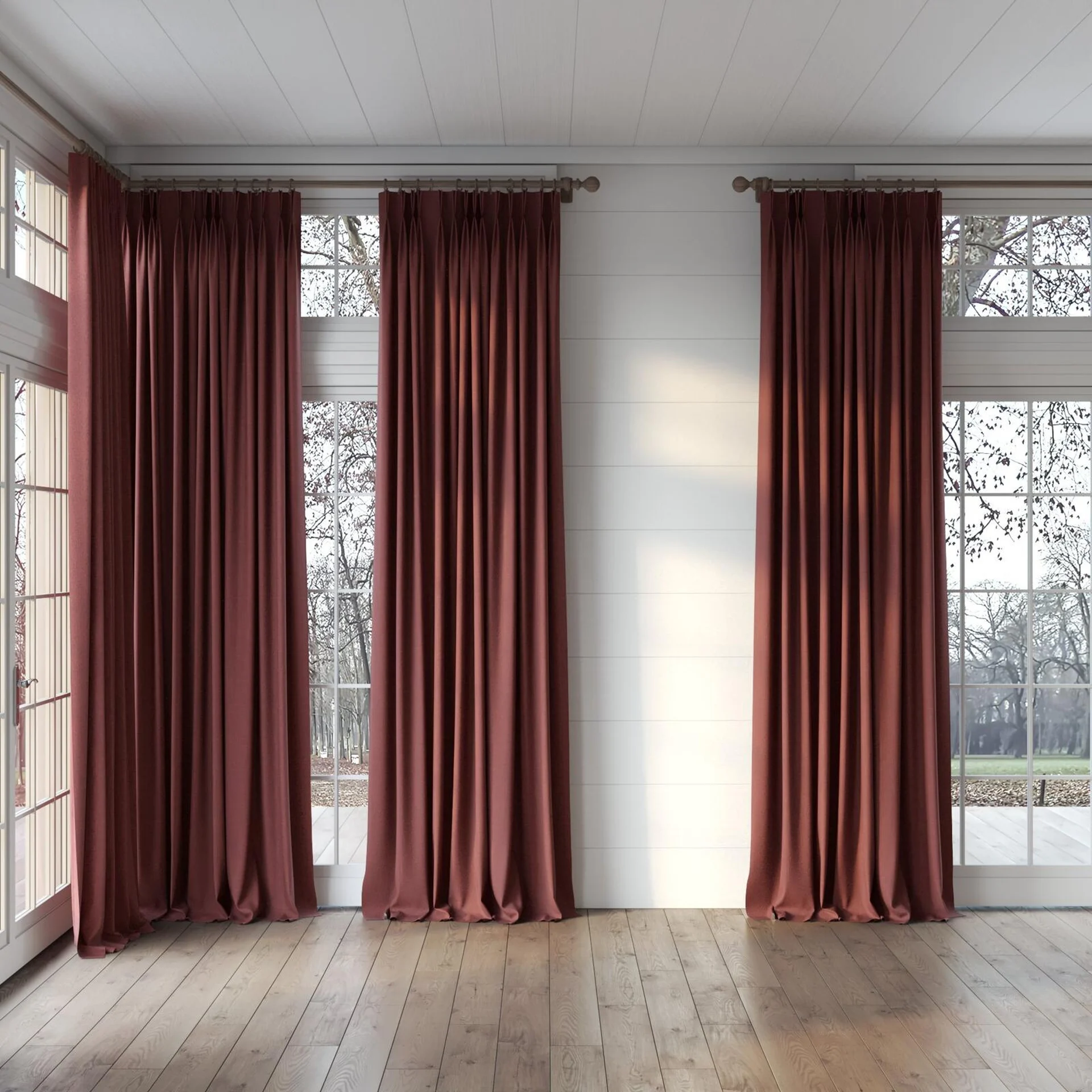 Full view of Cavalry Crimson, puddled, on curtain rod