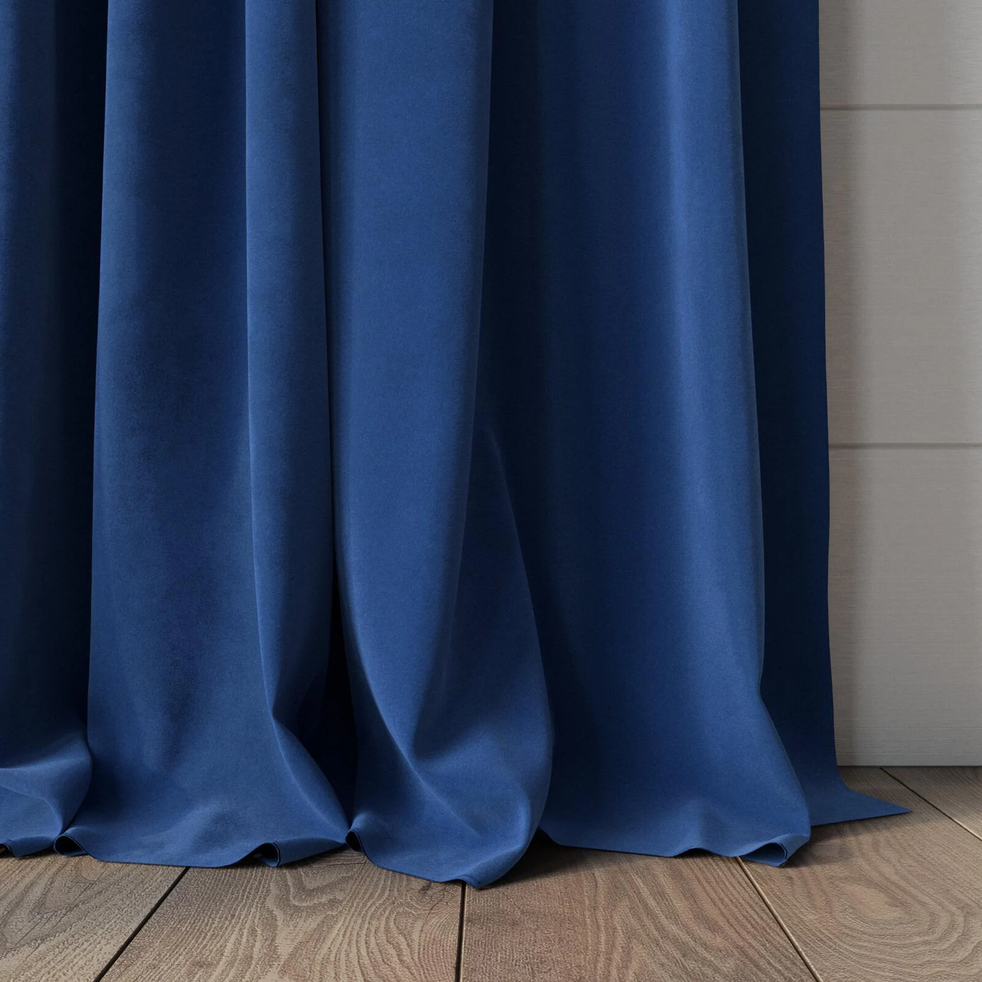 Bottom view of Lux Velvet Blue 8807, puddled, on curtain rod