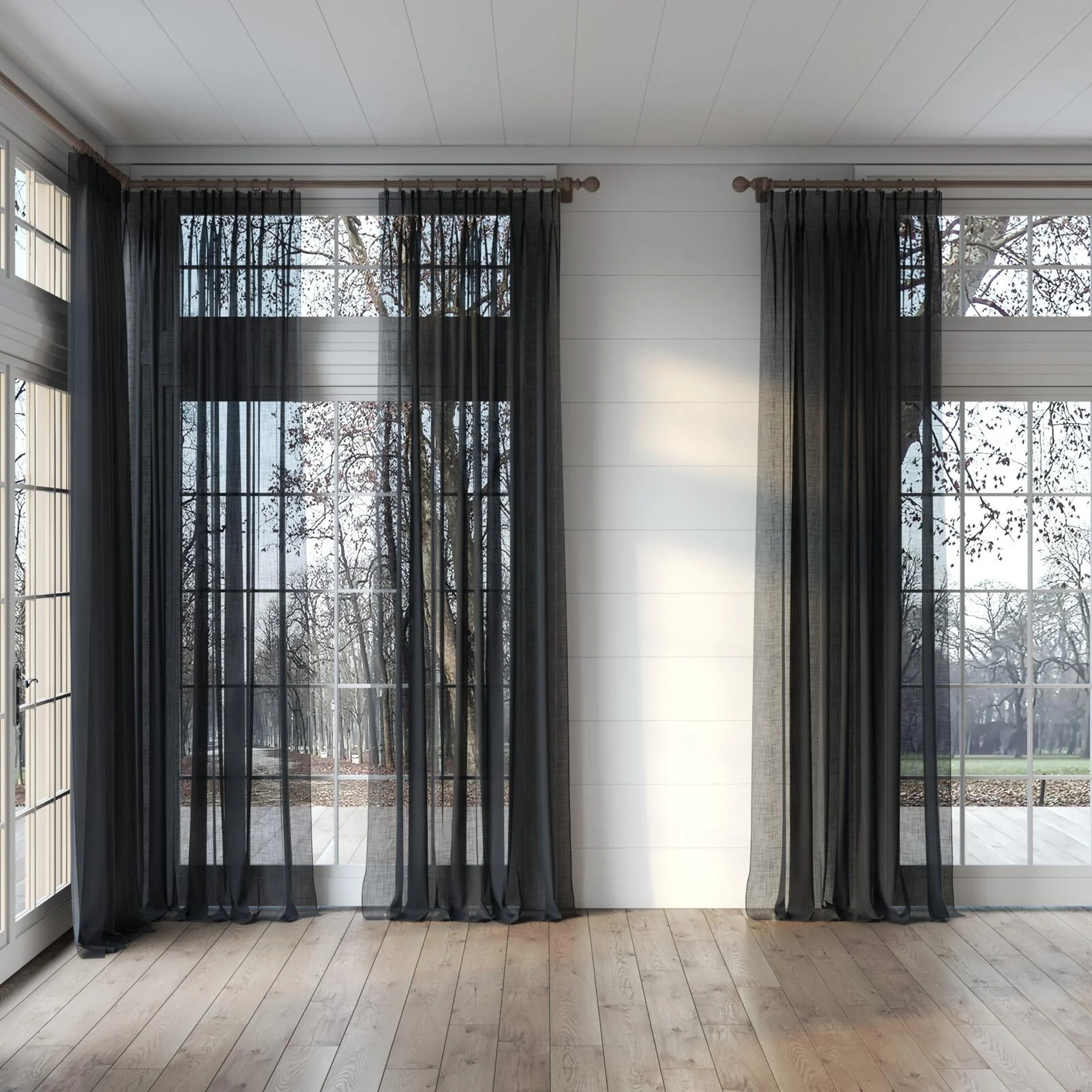 Full view of Kumo Recycled Midnight, puddled, on curtain rod