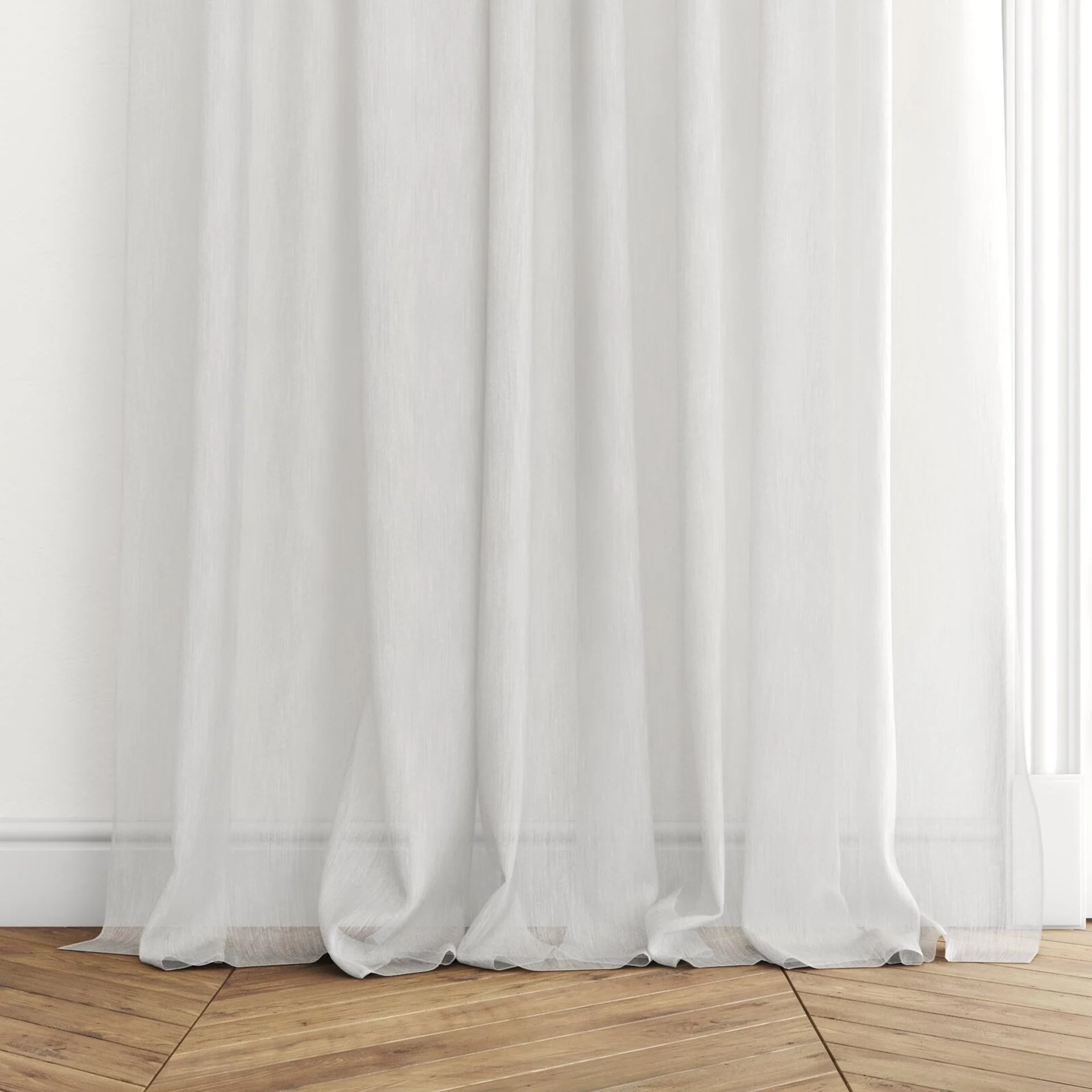 Bottom view of Stratus Bone, puddled with pinch pleat, on curtain rod