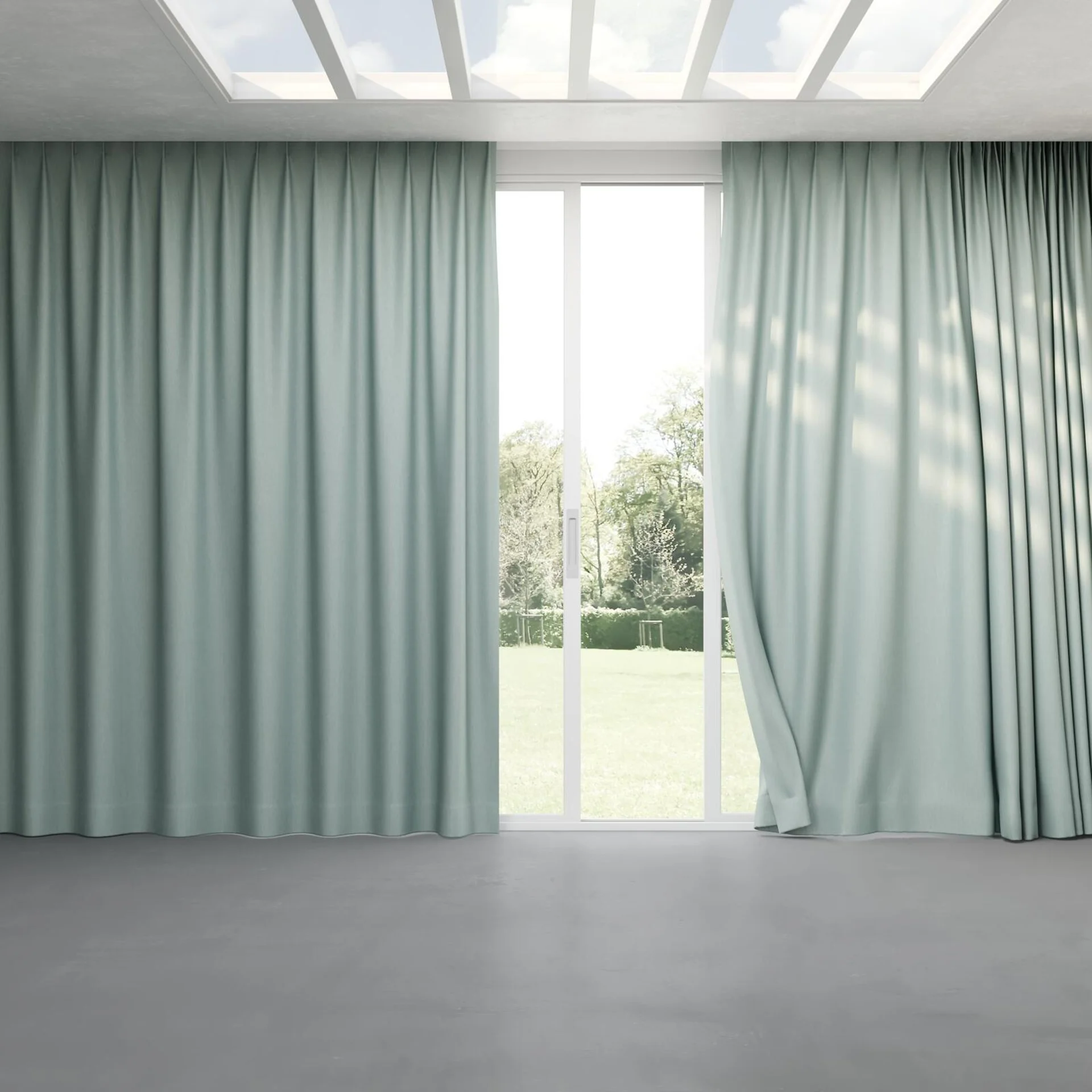 Full view of Cordoba Celadon, pinch pleat