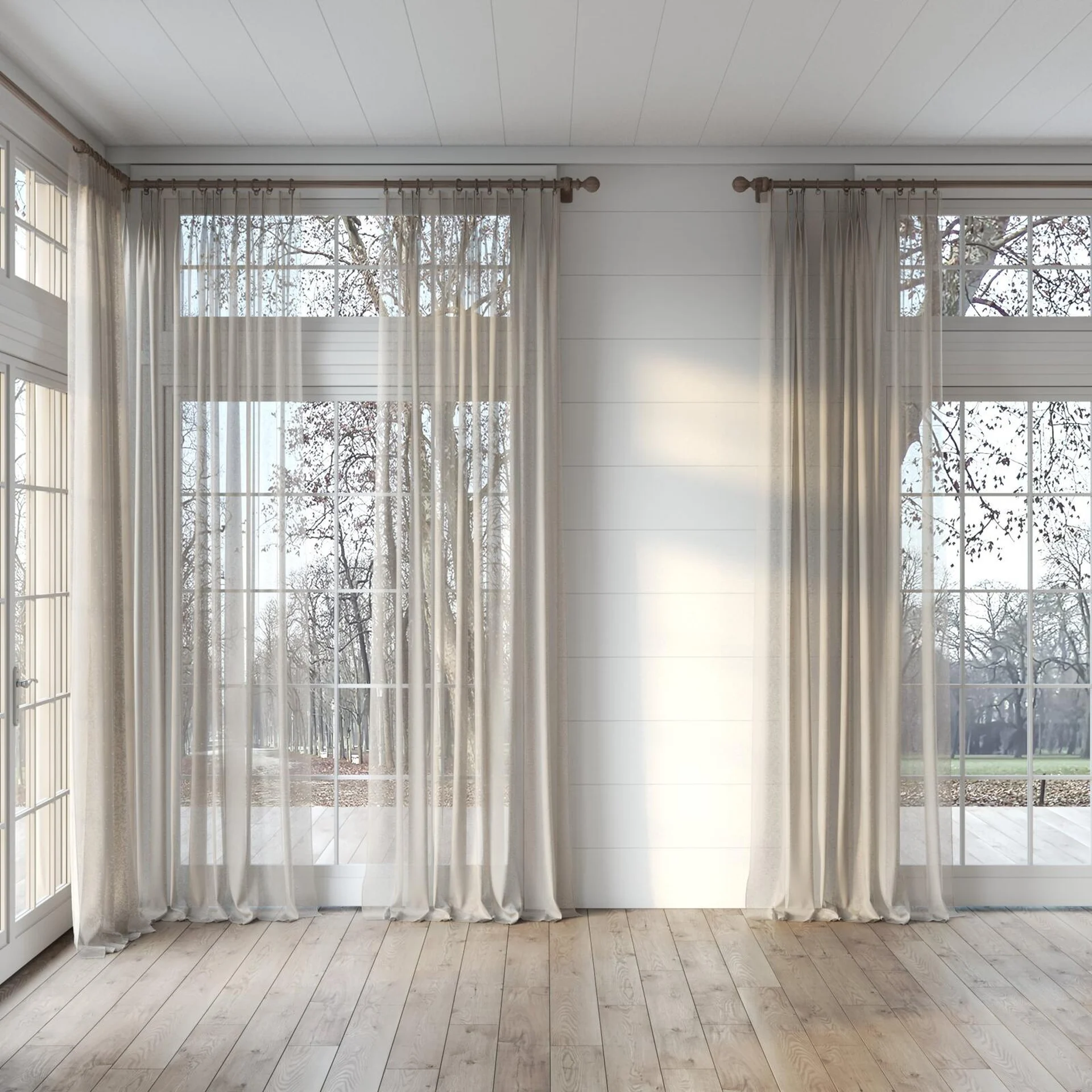 Full view of Kanji Linen, puddled, on curtain rod