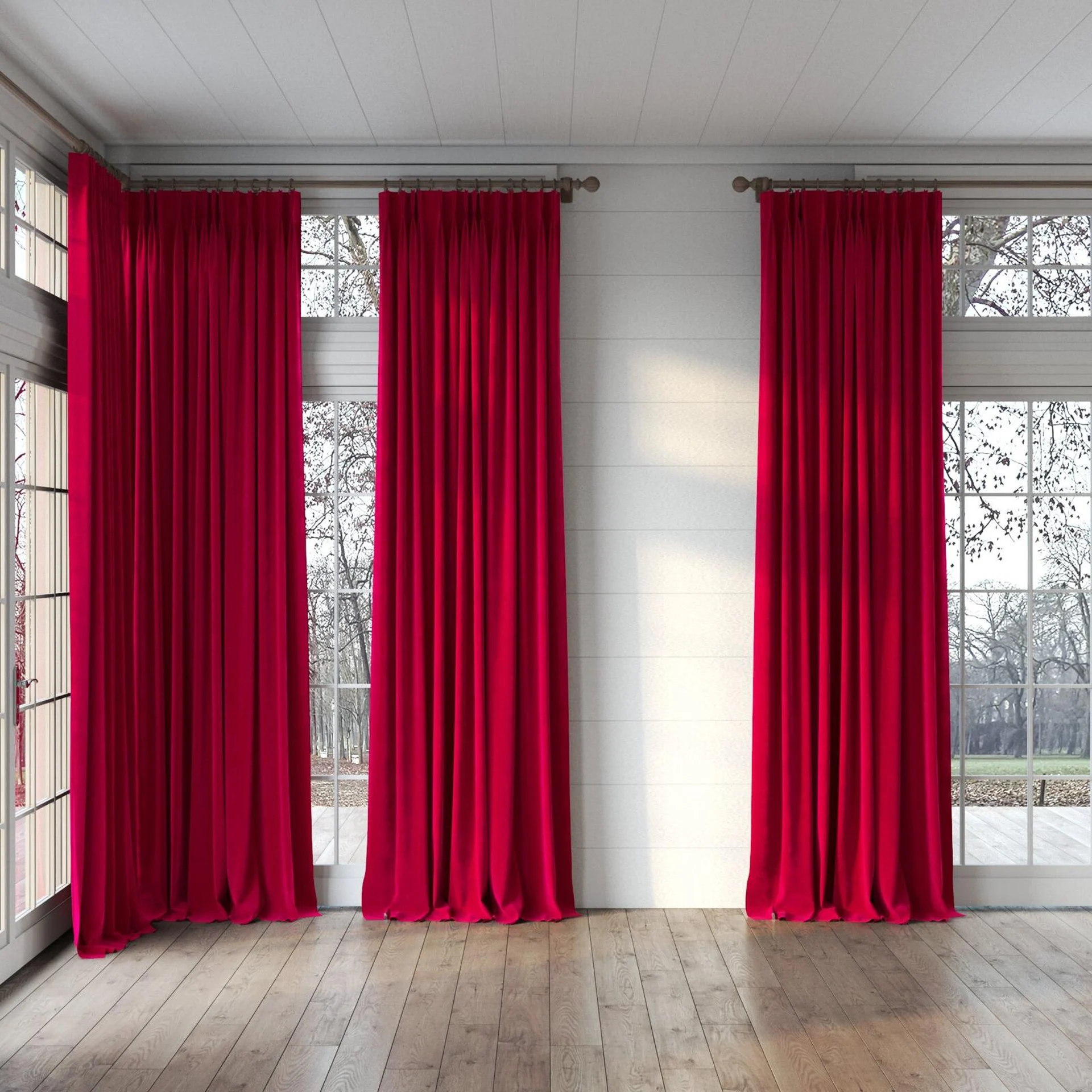 Full view of Lux Velvet Poppy 8601, puddled, on curtain rod