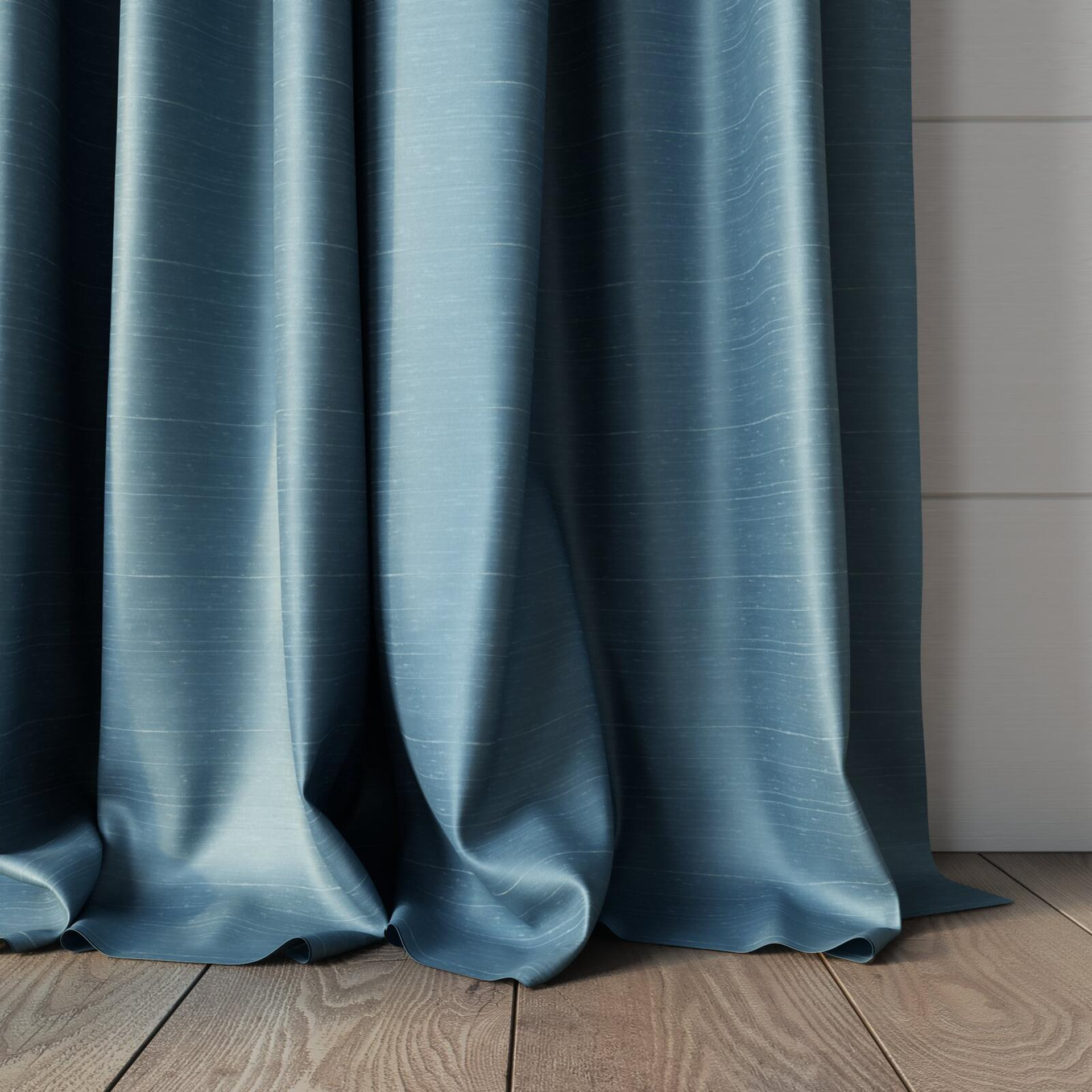 Bottom view of Silky Spa, puddled, on curtain rod