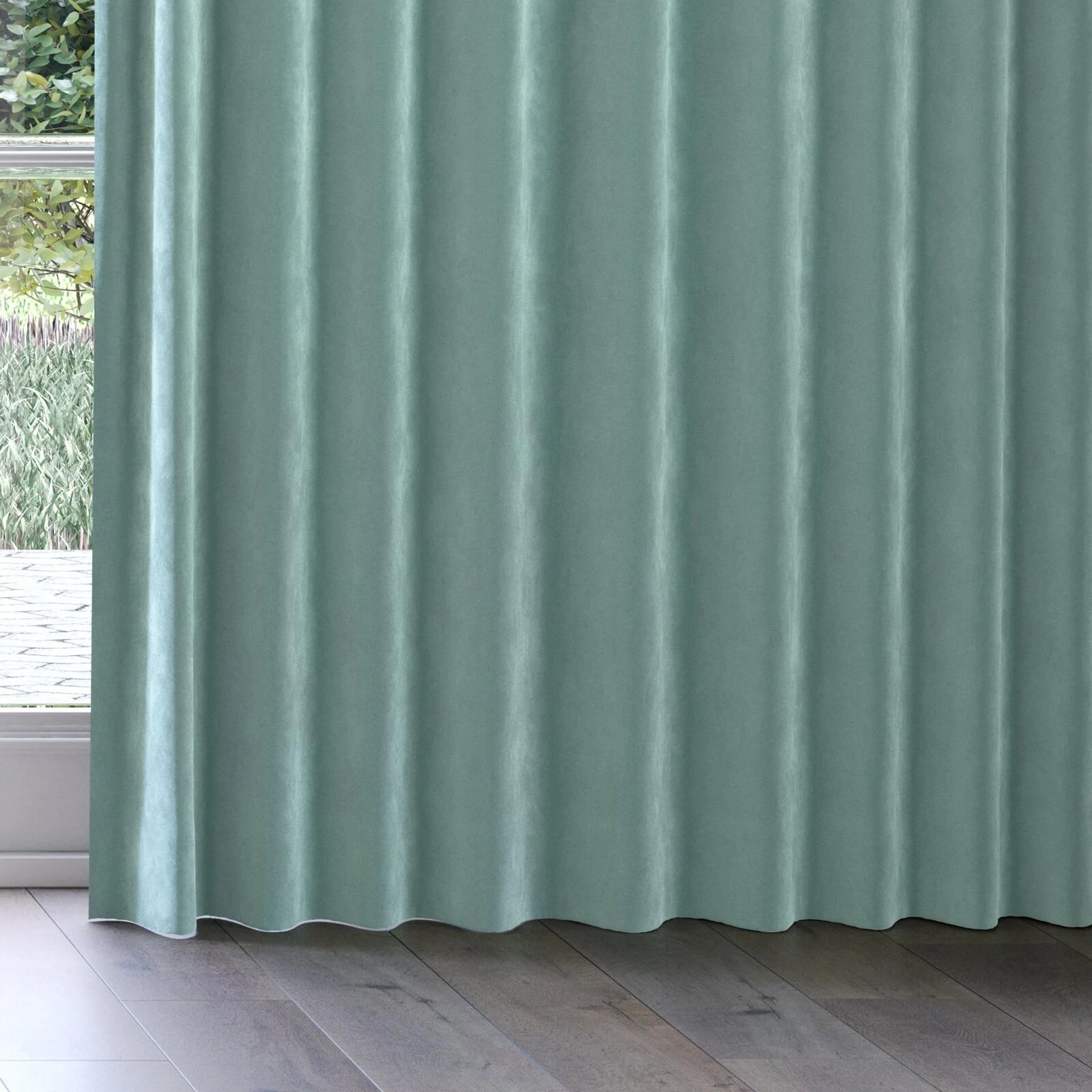 Bottom view of Lux Velvet Mint 8803, on curtain rail