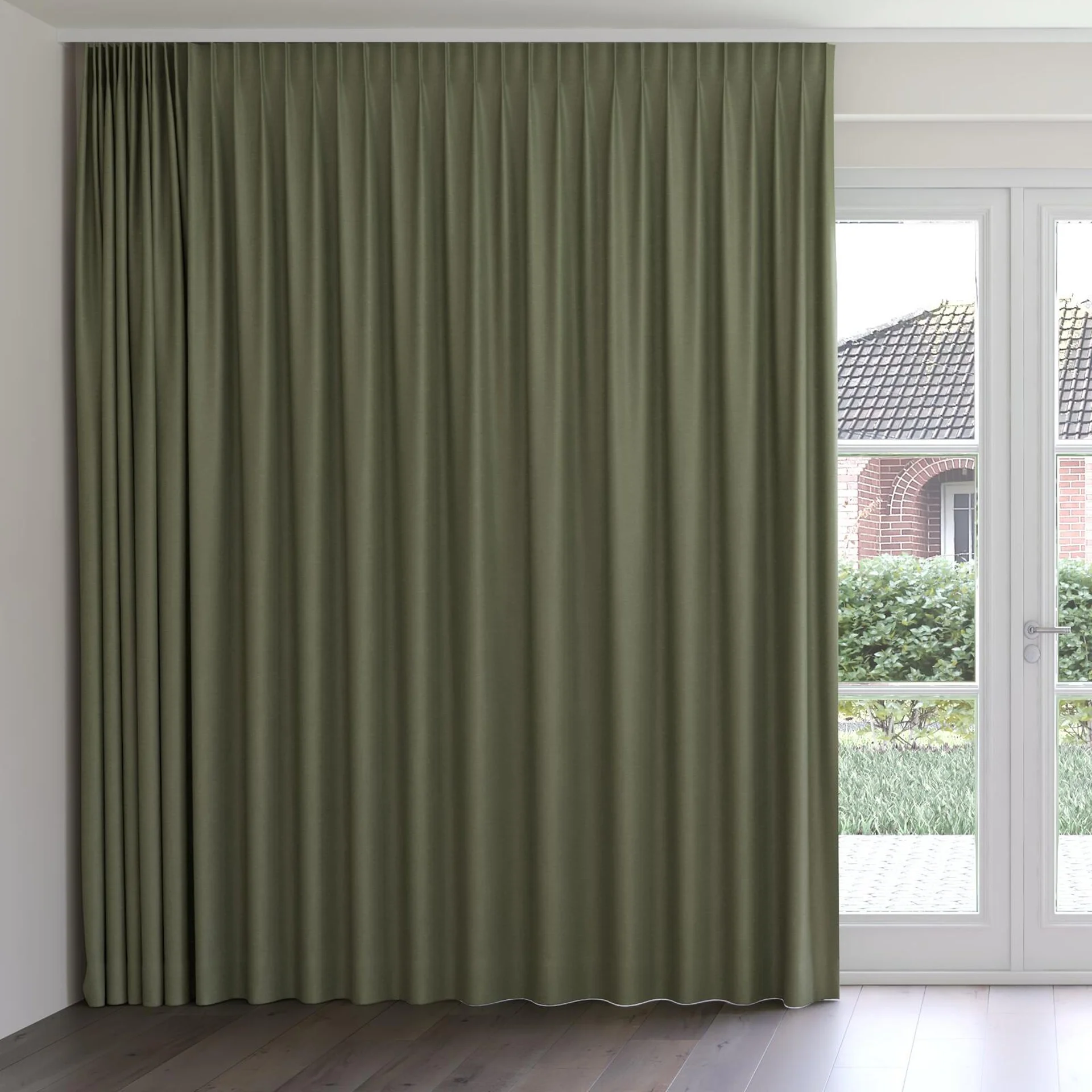 Front view of Colourwash Eco Camouflage, on curtain rail