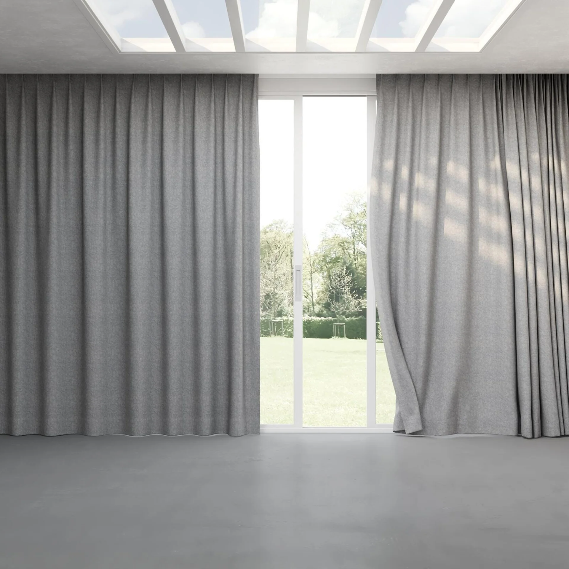 Full view of Avalon FR Blackout Steel, pinch pleat