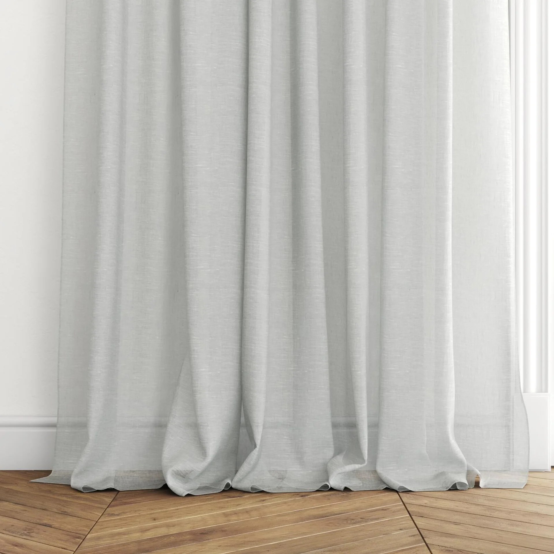 Bottom view of Lino Atoll, puddled with pinch pleat, on curtain rod