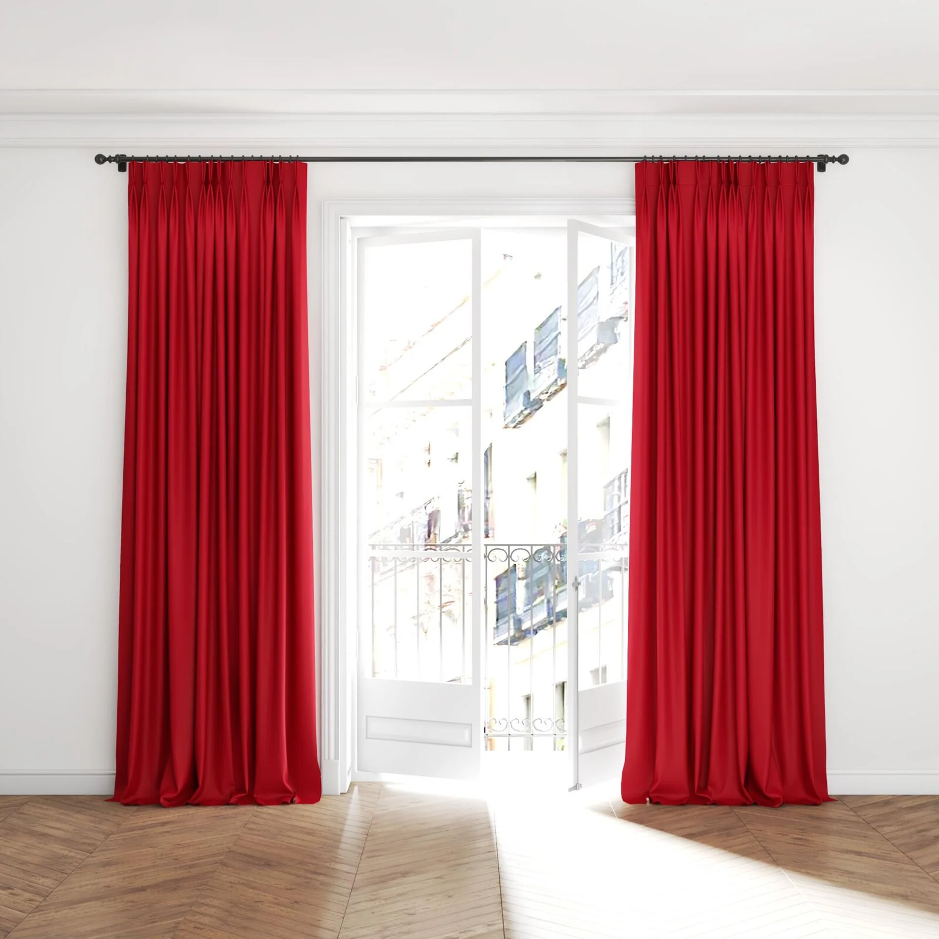 Full view of Blockbuster Ribbon, puddled with pinch pleat, on curtain rod