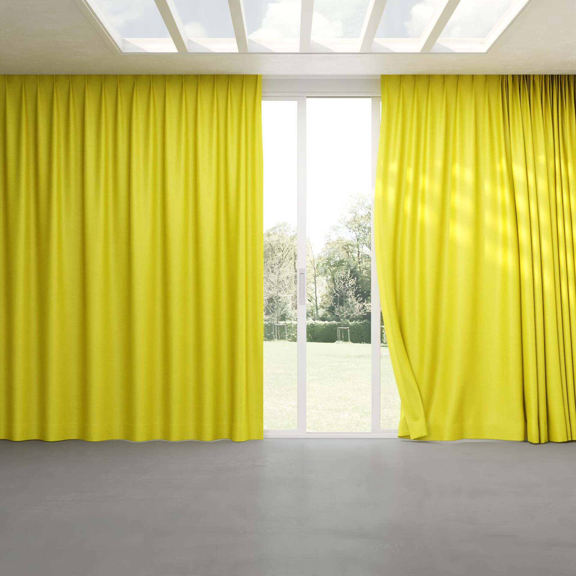 Full view of Provence Sulphur, pinch pleat