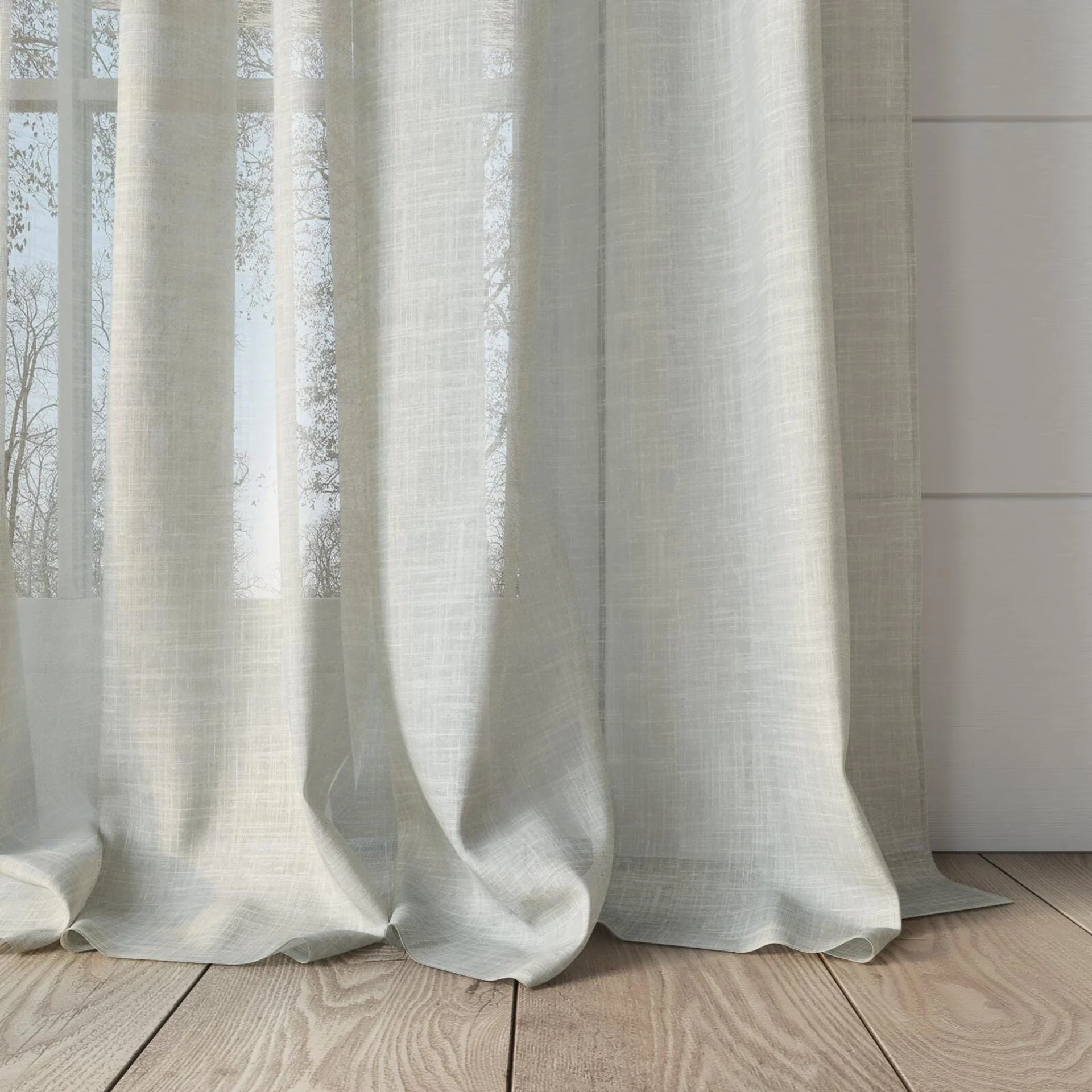 Bottom view of Uno Ivory, puddled, on curtain rod