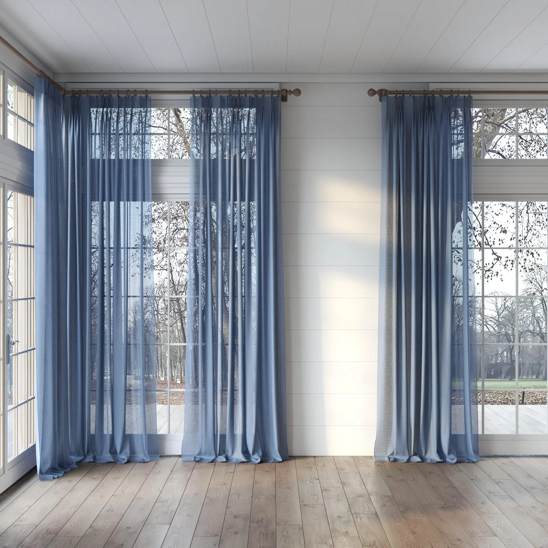 Full view of Focus Denim, puddled, on curtain rod