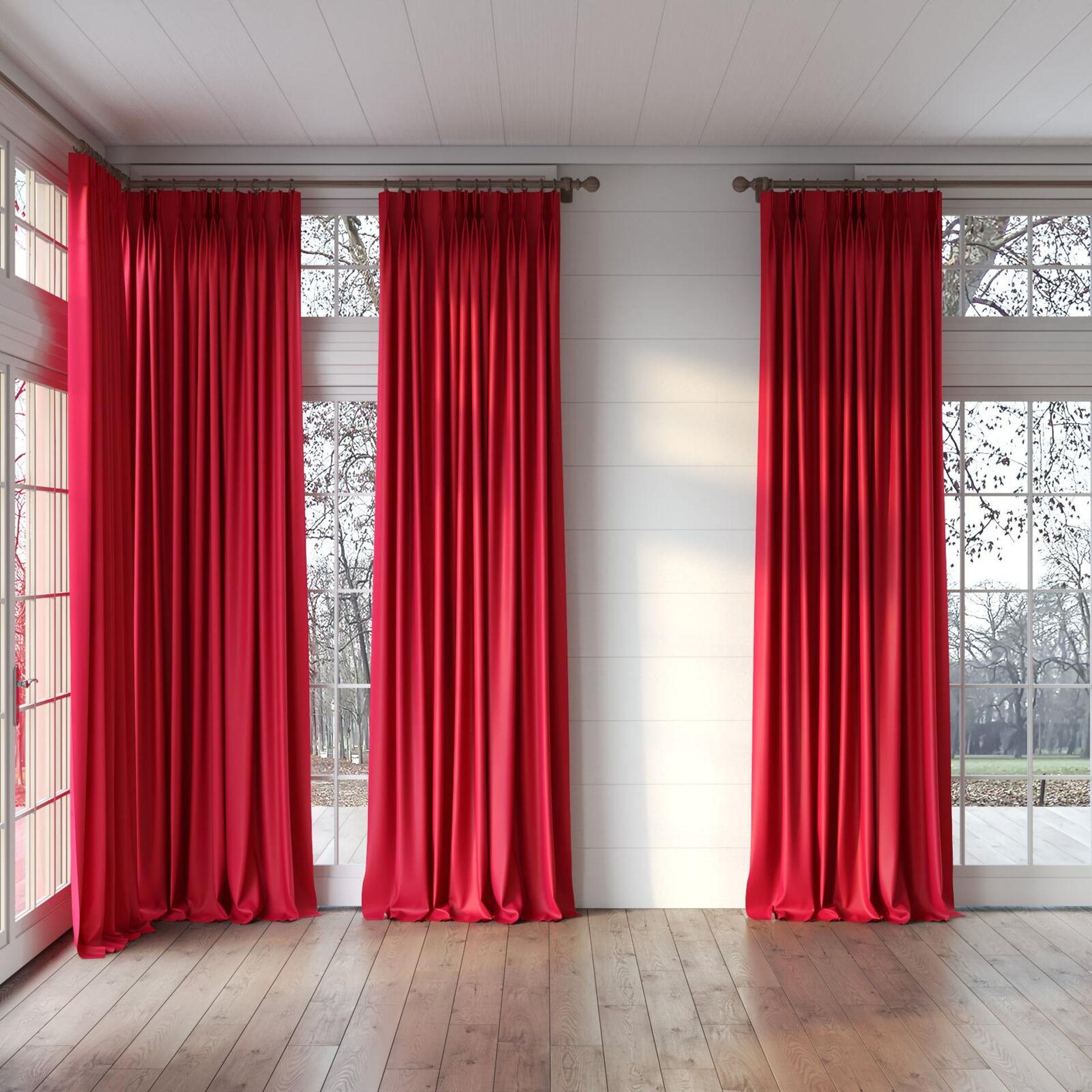 Full view of Blockbuster Ribbon, puddled, on curtain rod