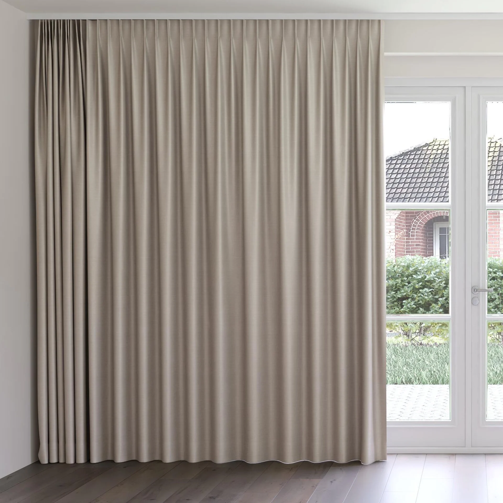 Front view of Silky Limestone, on curtain rail