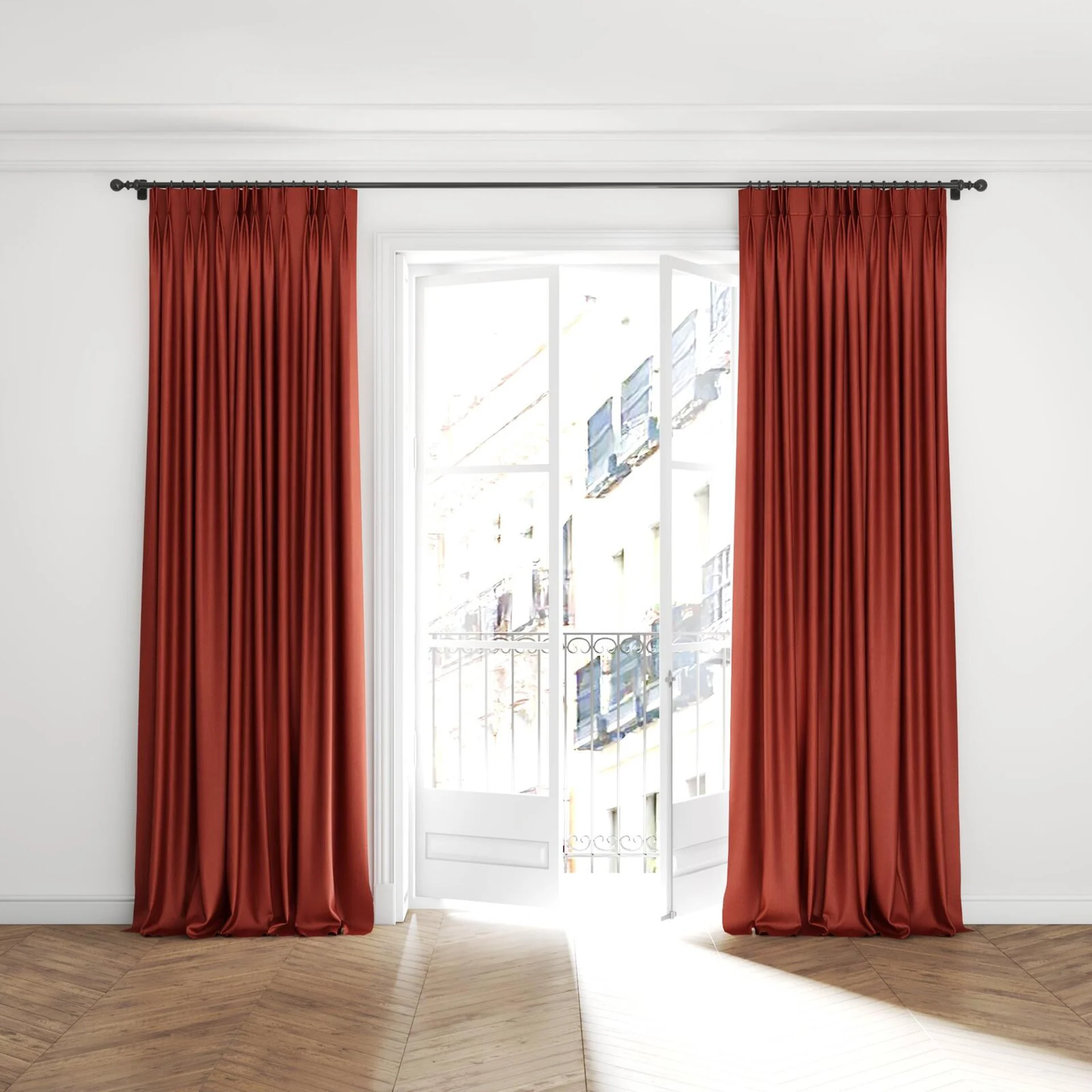Full view of Hombre Sienna, puddled with pinch pleat, on curtain rod