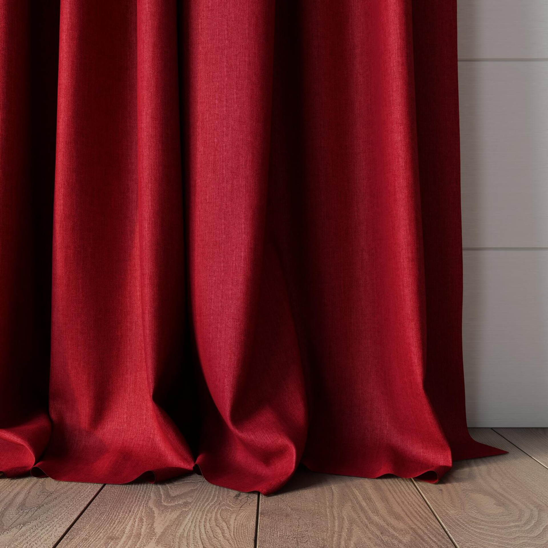 Bottom view of Cushy Cerise, puddled, on curtain rod