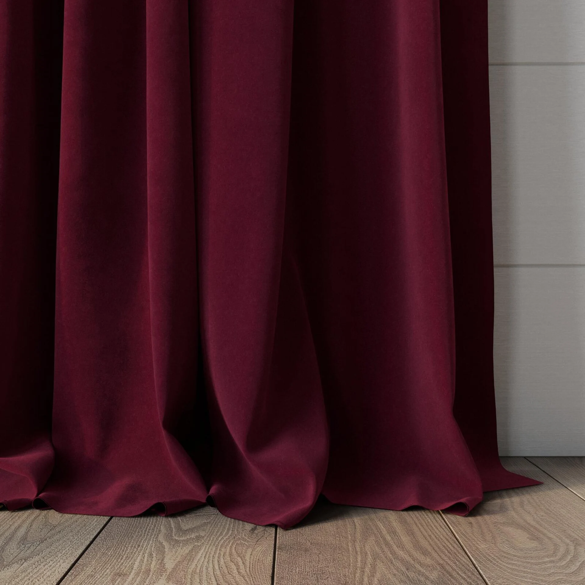 Bottom view of Lux Velvet Burgundy 10723, puddled, on curtain rod