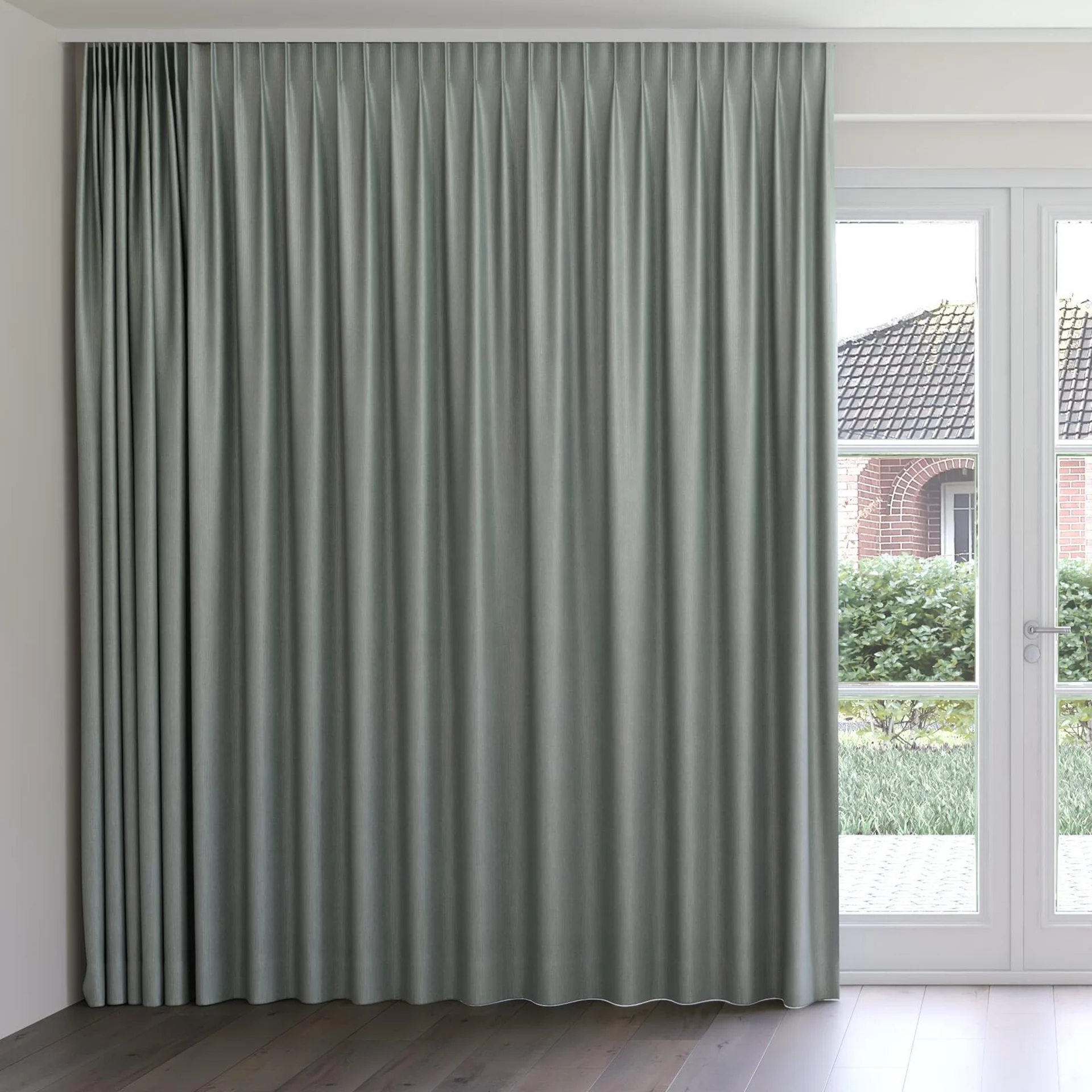 Front view of Hombre Duckegg, on curtain rail