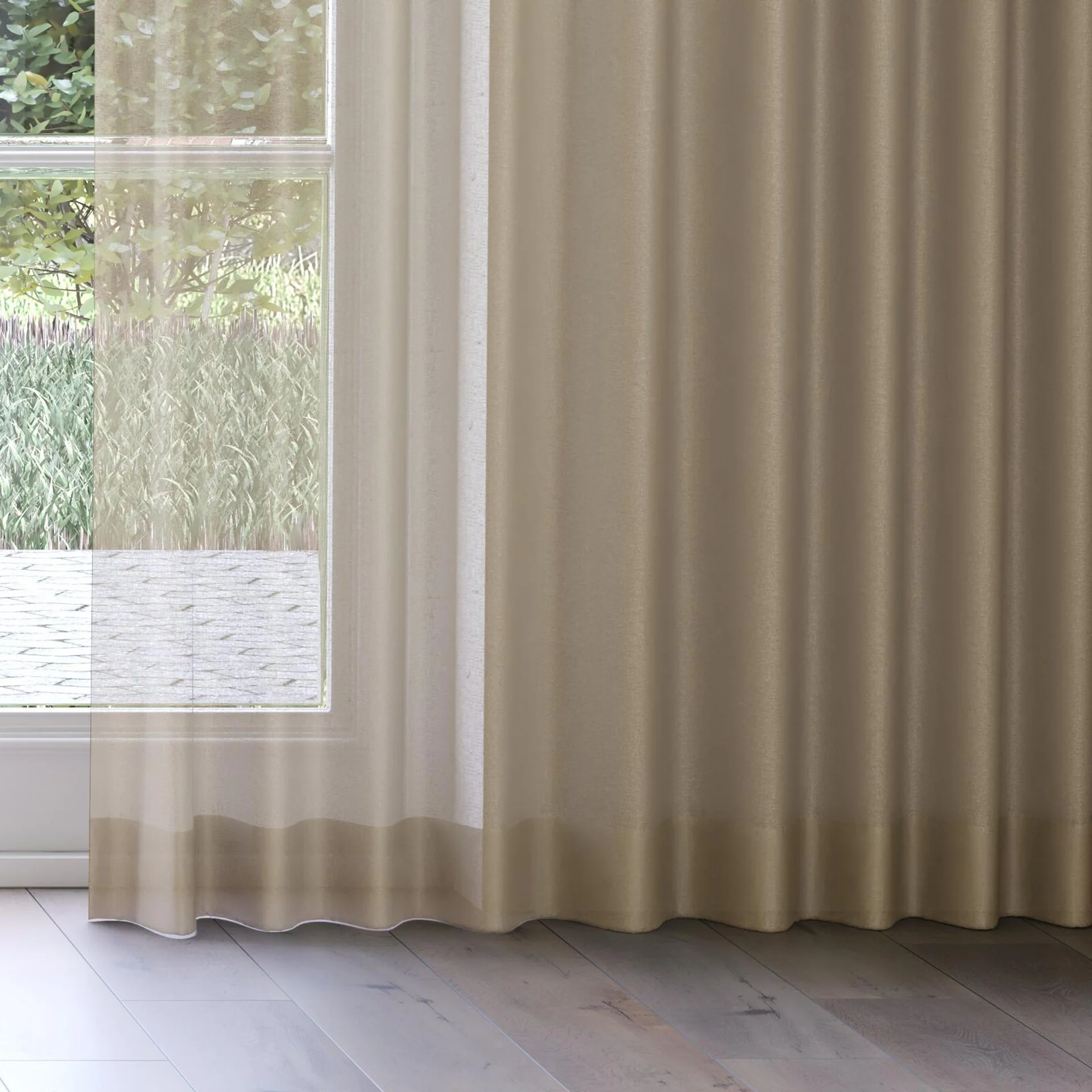 Bottom view of Kanji Khaki, on curtain rail