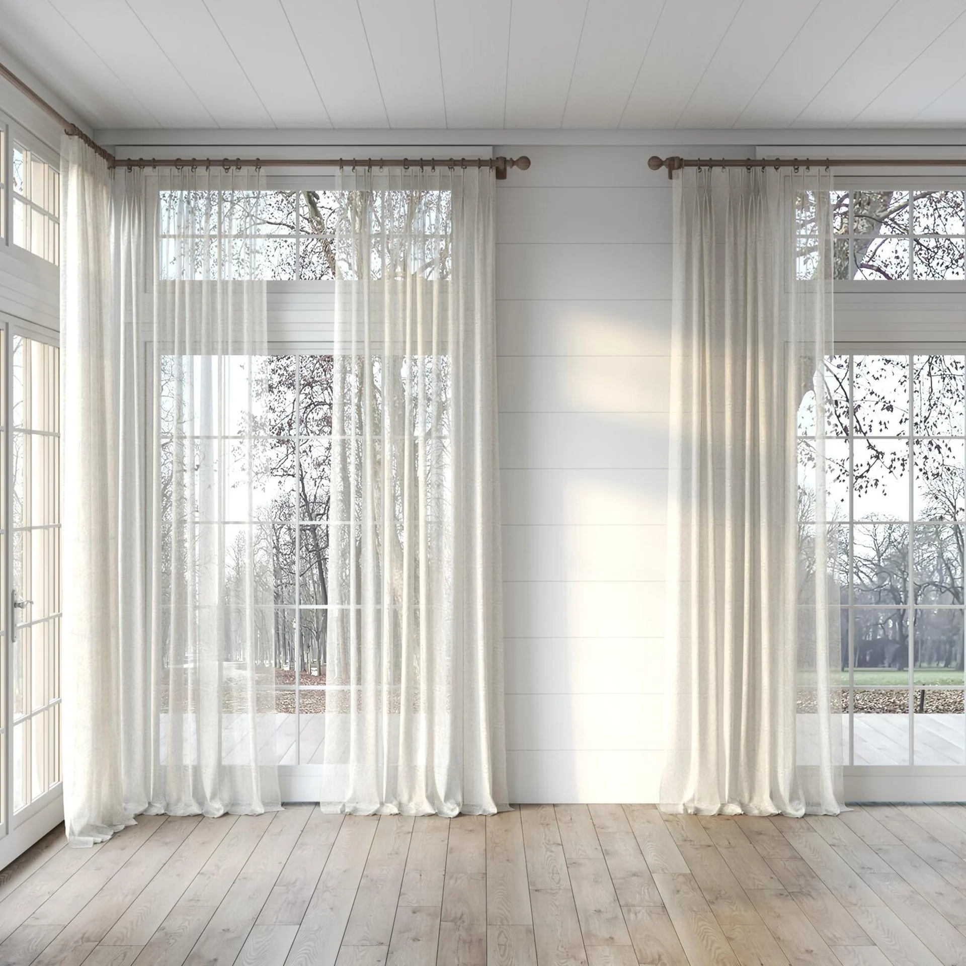 Full view of Henriette Raffia, puddled, on curtain rod