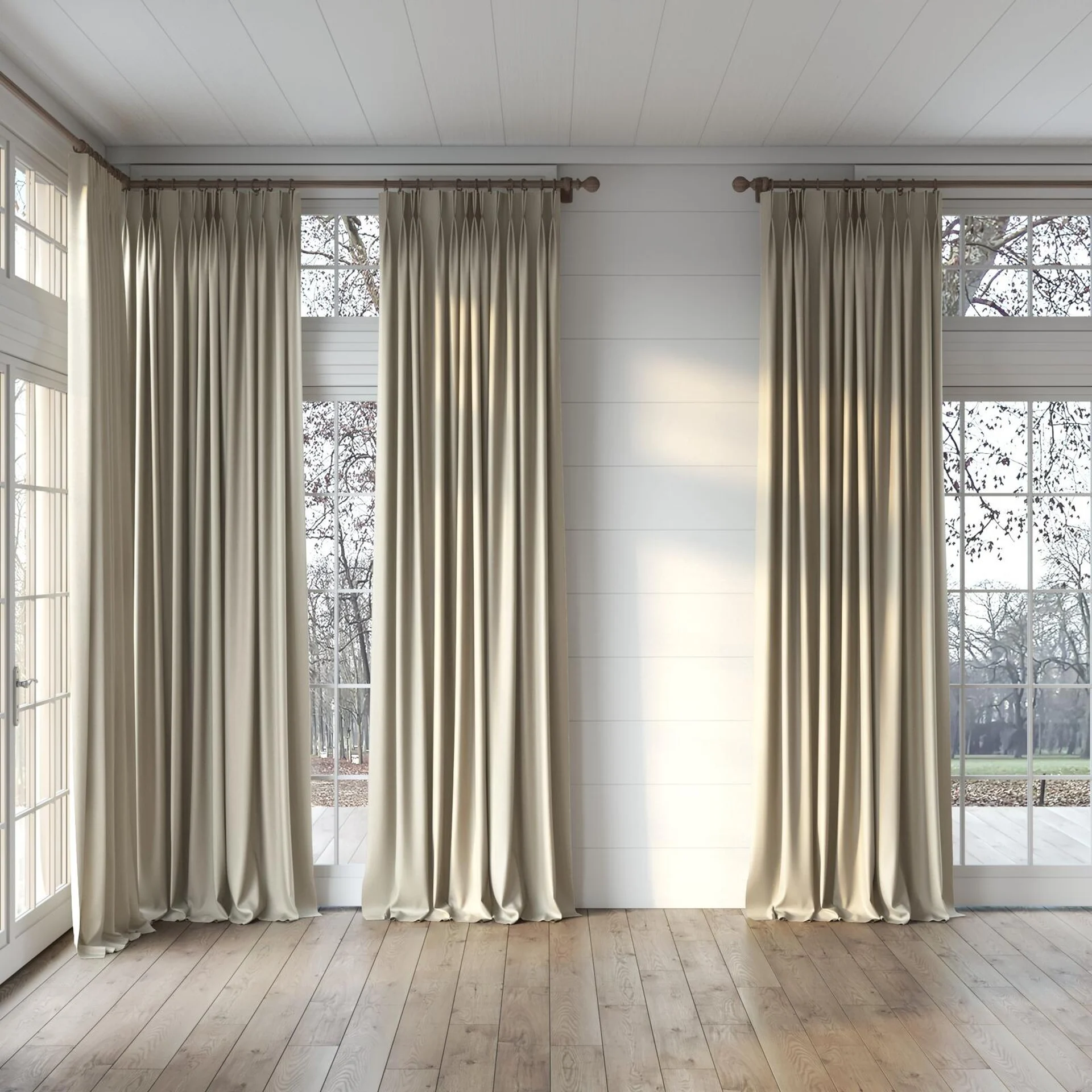 Full view of Excel Flax, puddled, on curtain rod