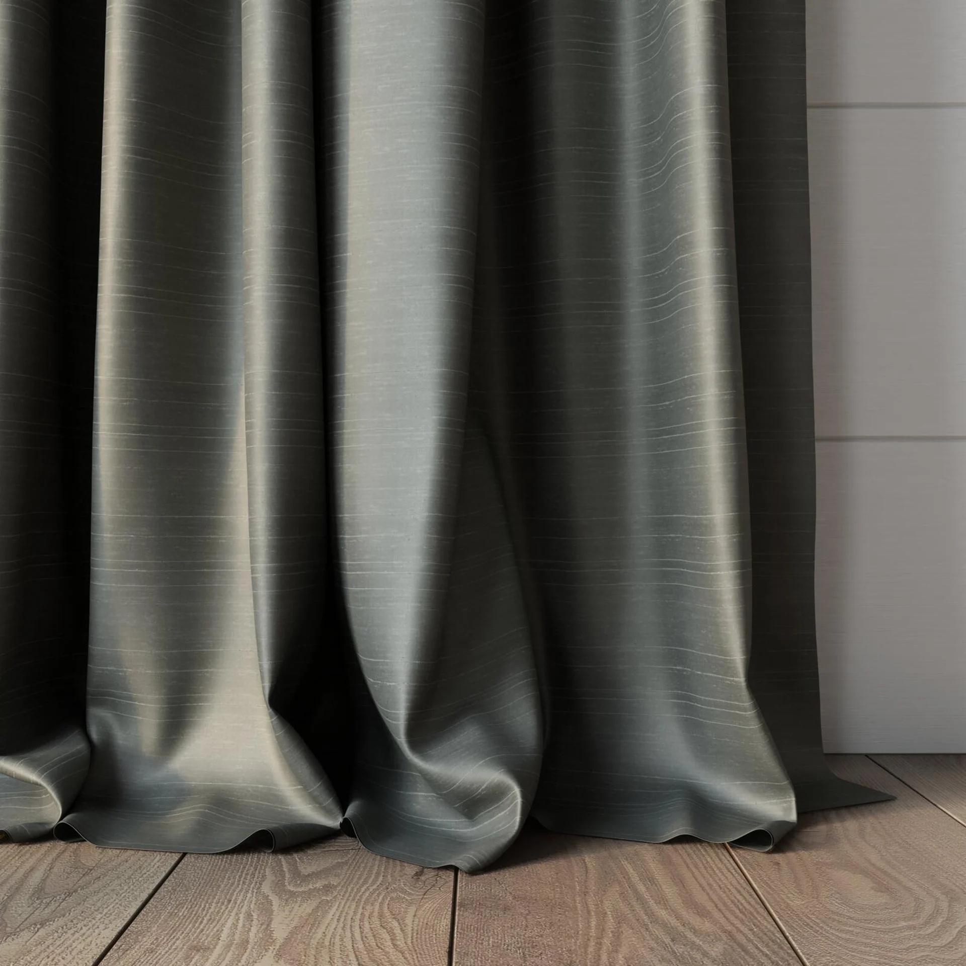Bottom view of Silky Carbon, puddled, on curtain rod