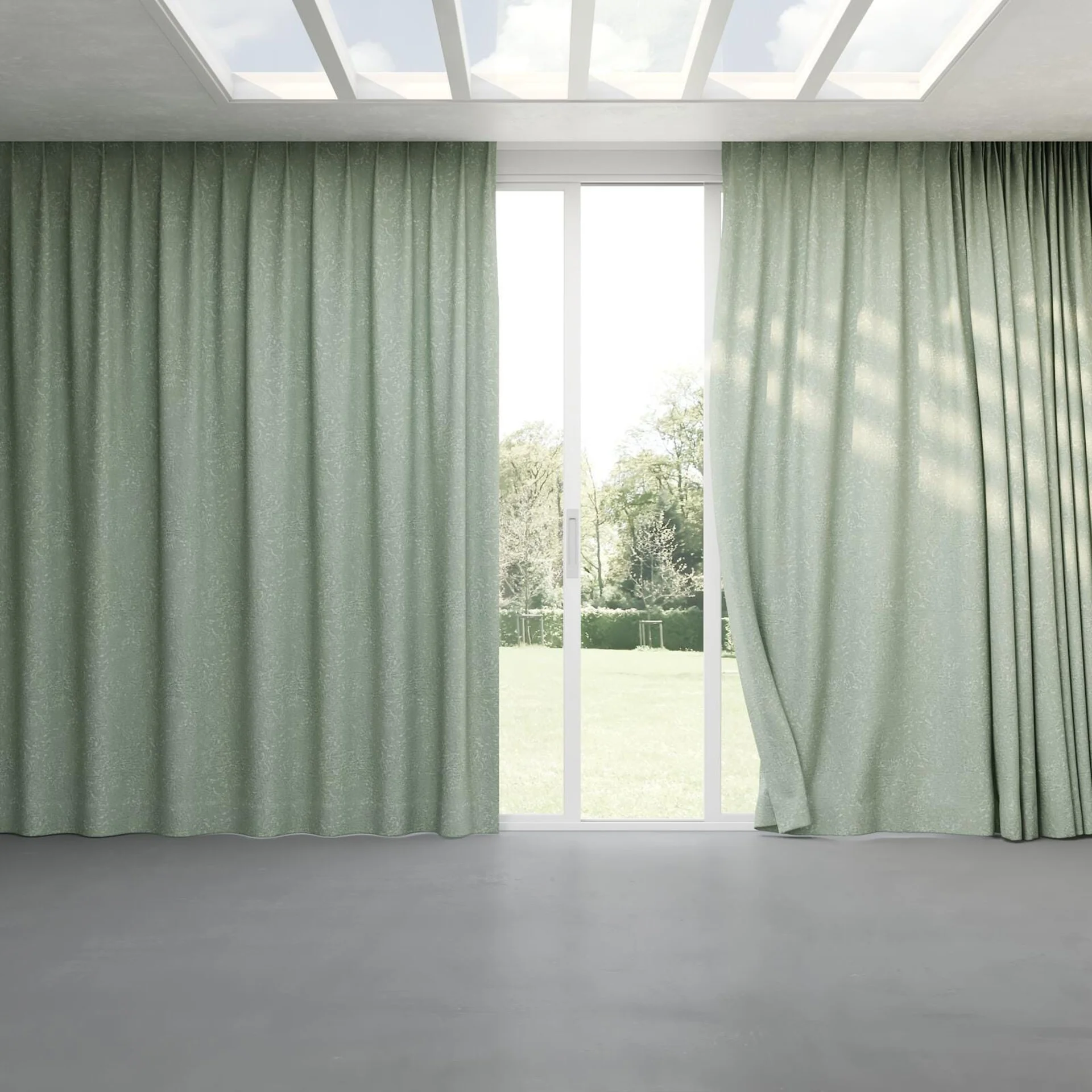 Full view of Azulejo Willow, pinch pleat