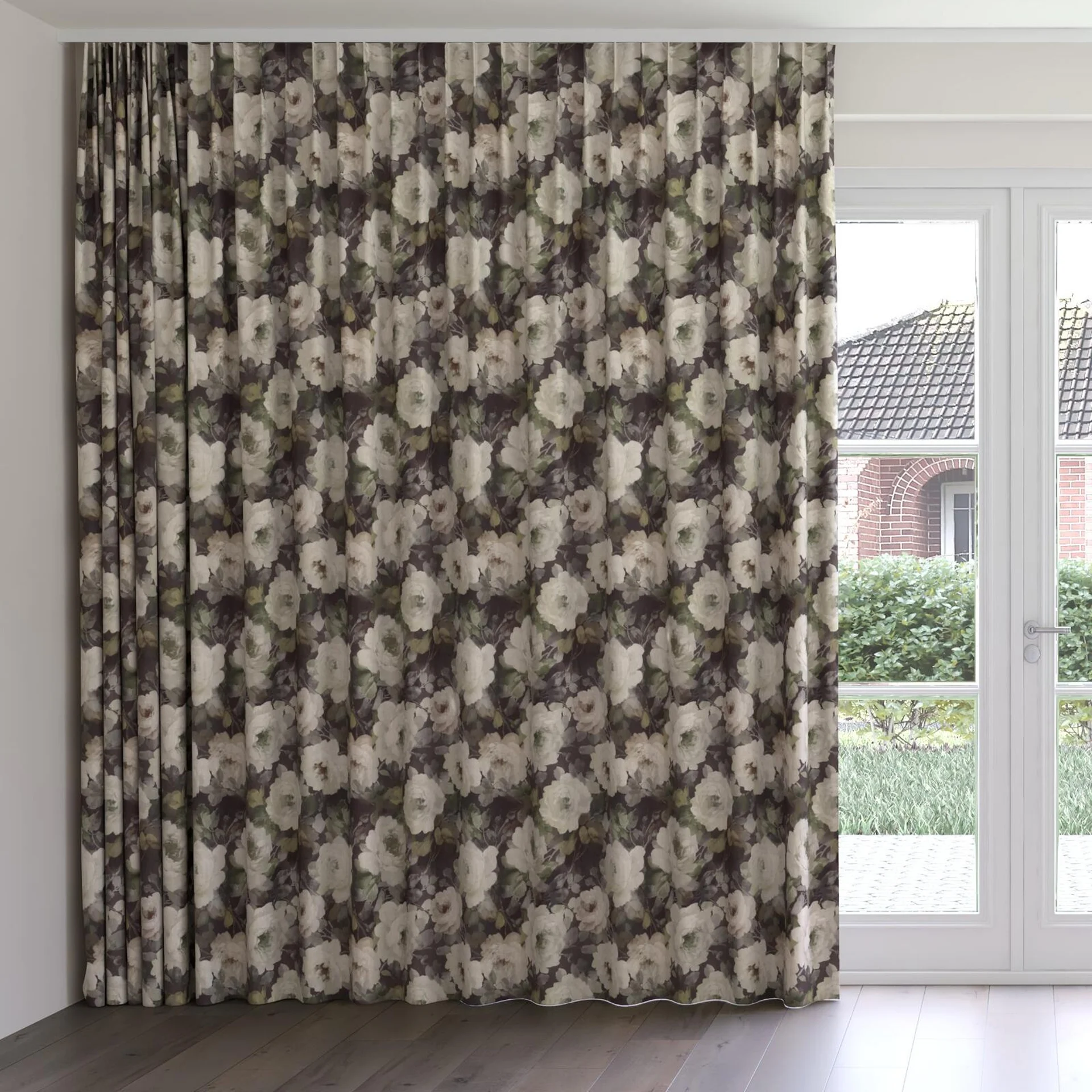 Front view of Victoria Emerald, on curtain rail