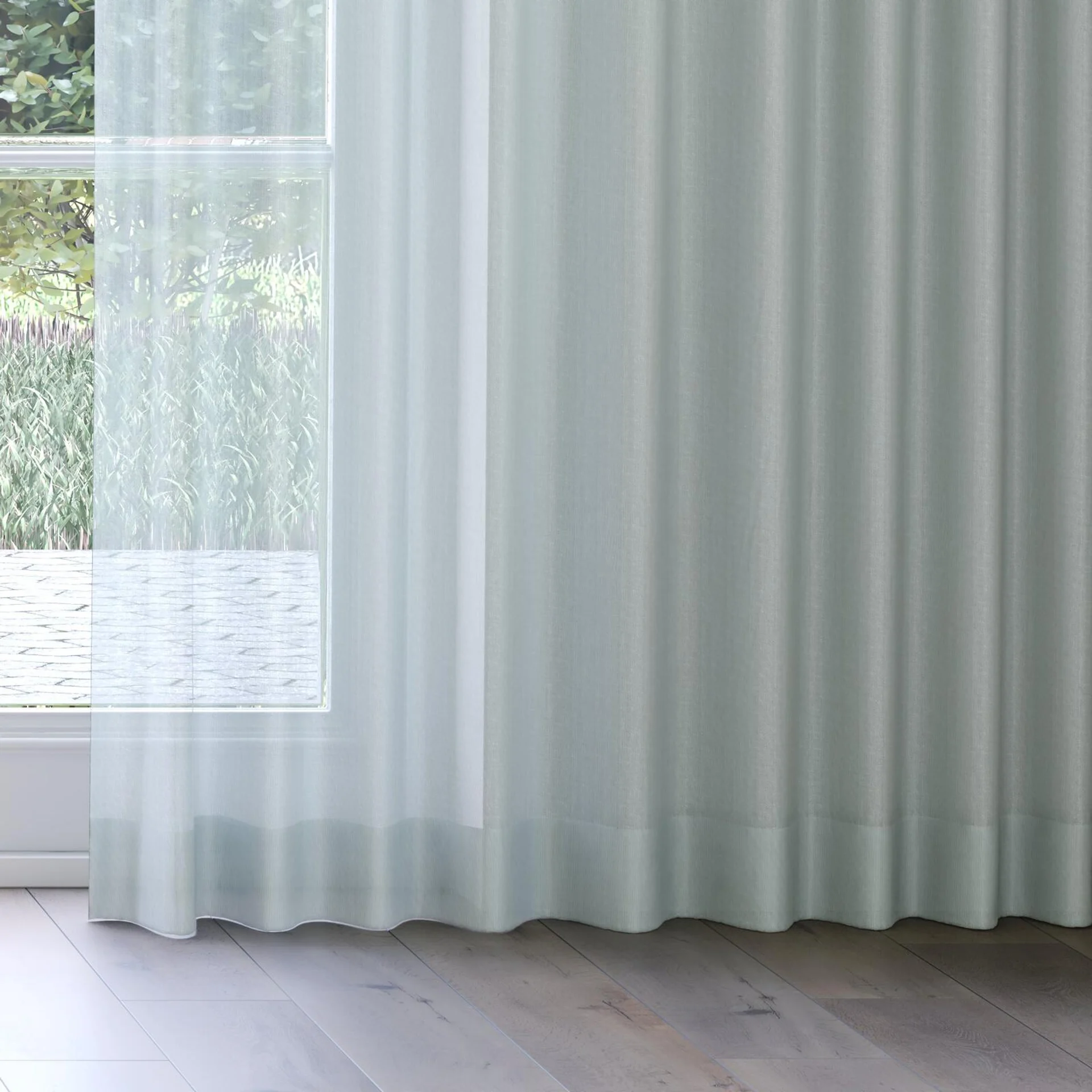 Bottom view of Jaba Aqua, on curtain rail