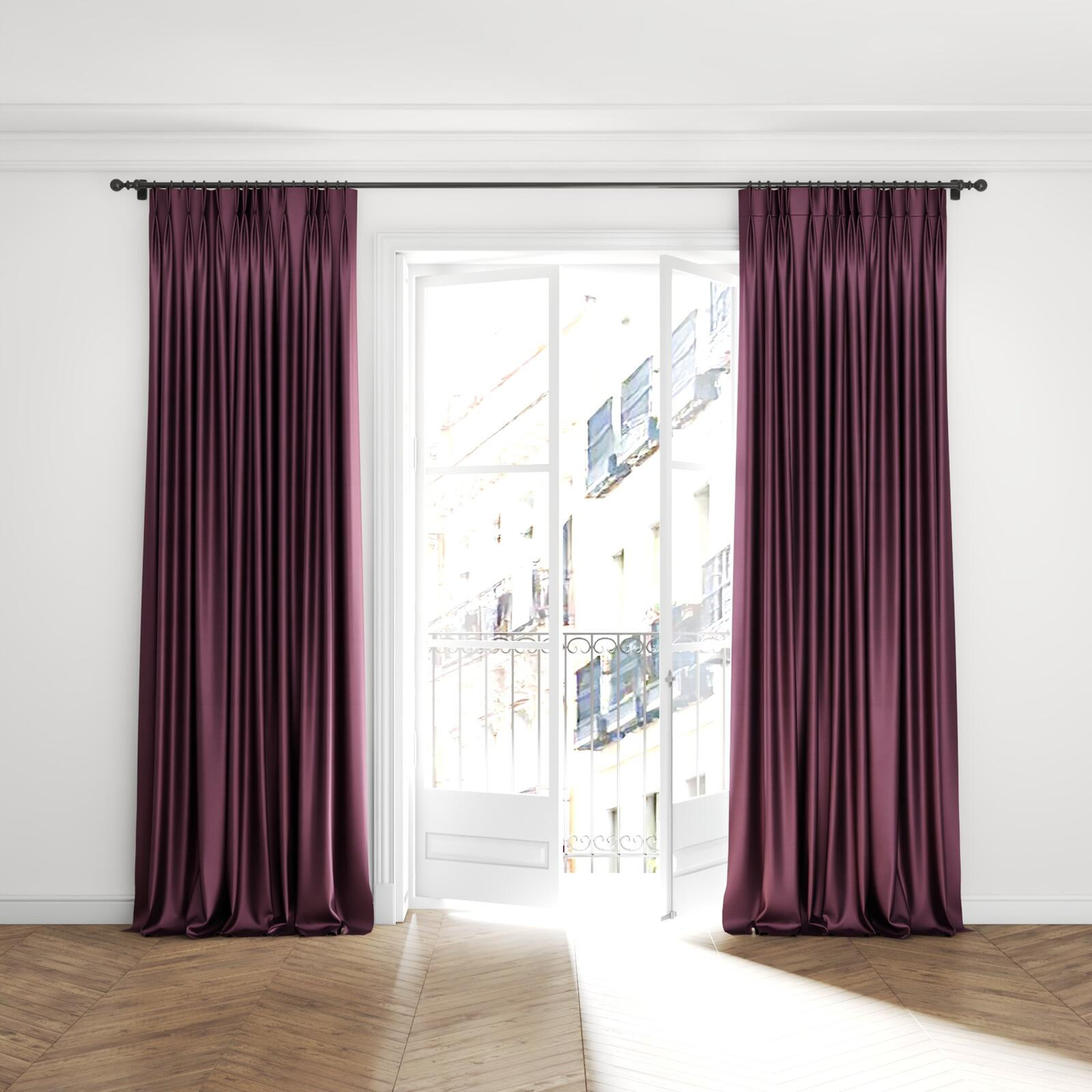 Full view of Mont Blanc Viola, puddled with pinch pleat, on curtain rod