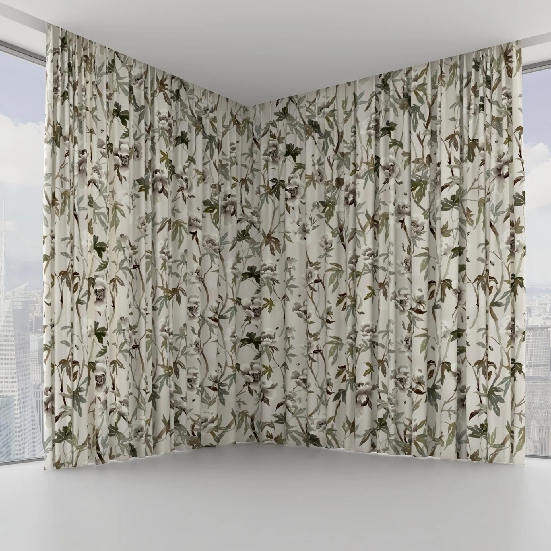 Front view of Peonia Parchment, on hidden rail