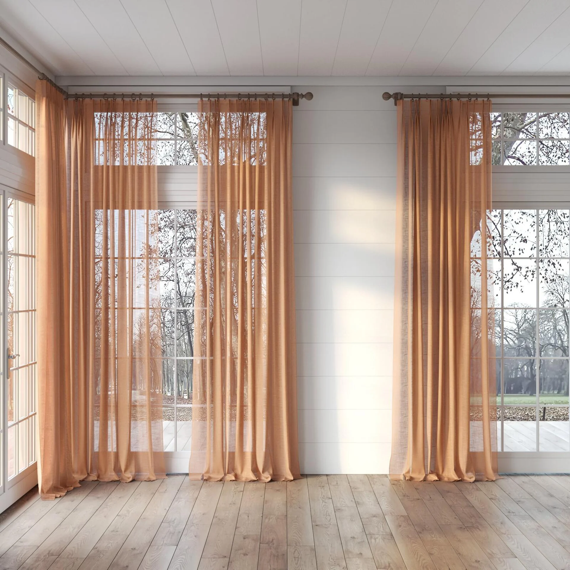 Full view of Verdant Sienna, puddled, on curtain rod