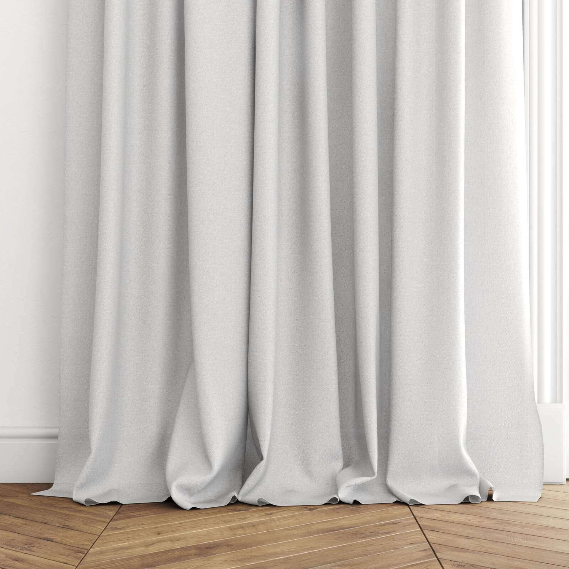 Bottom view of Sensation Mist, puddled with pinch pleat, on curtain rod